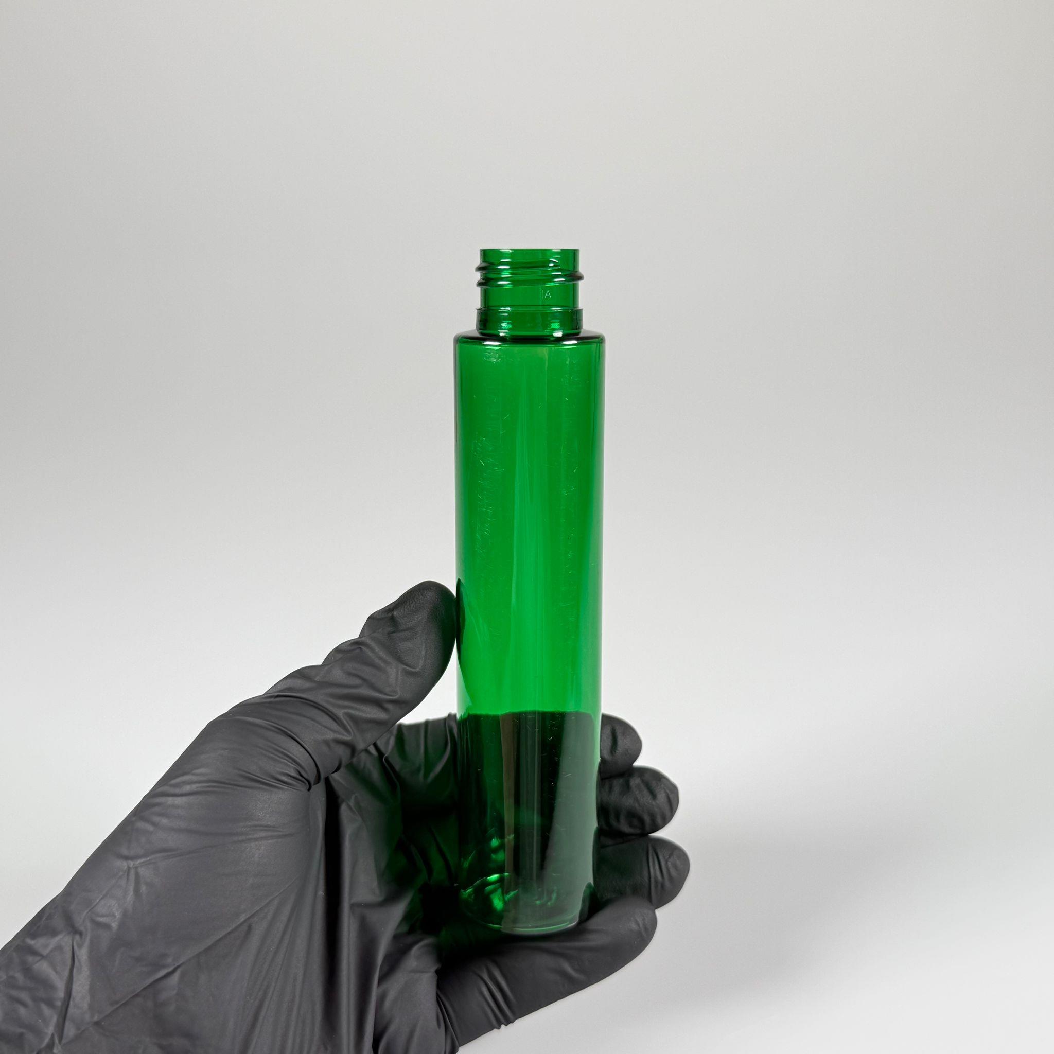 100 CC UZUN SİLİNDİR YEŞİL PET ŞİŞE (24 GR) - 24 MM AĞIZ KAPAKSIZ - 100 ML BİBERİYE SUYU, LAVANTA YAĞI, SAÇ SERUM, TONİK VB İÇİN PLASTİK KOZMETİK AMBALAJLARI