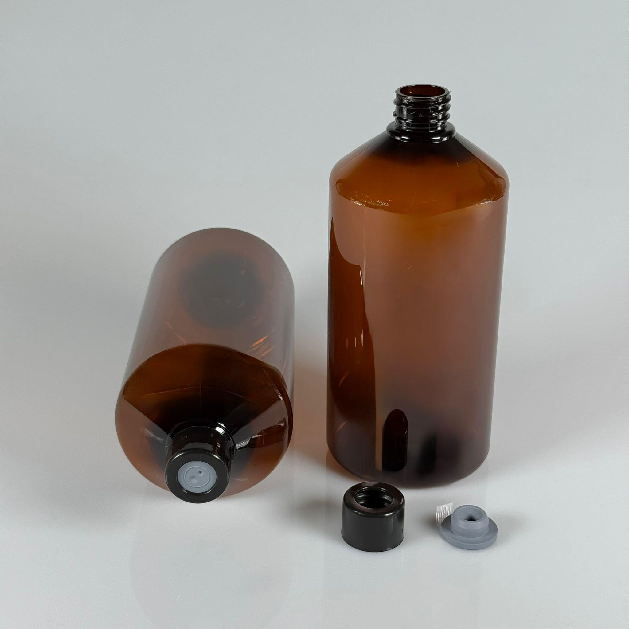 FLAKON ENJEKTÖR SERUM ŞİŞESİ - 1000 ML ECZA PLASTİK PET ŞİŞE + VİDALI DELİKLİ KAPAK (ELLE ÇEVİREREK KAPANIR) + KAUÇUK BUTİL TIPA TAKIM