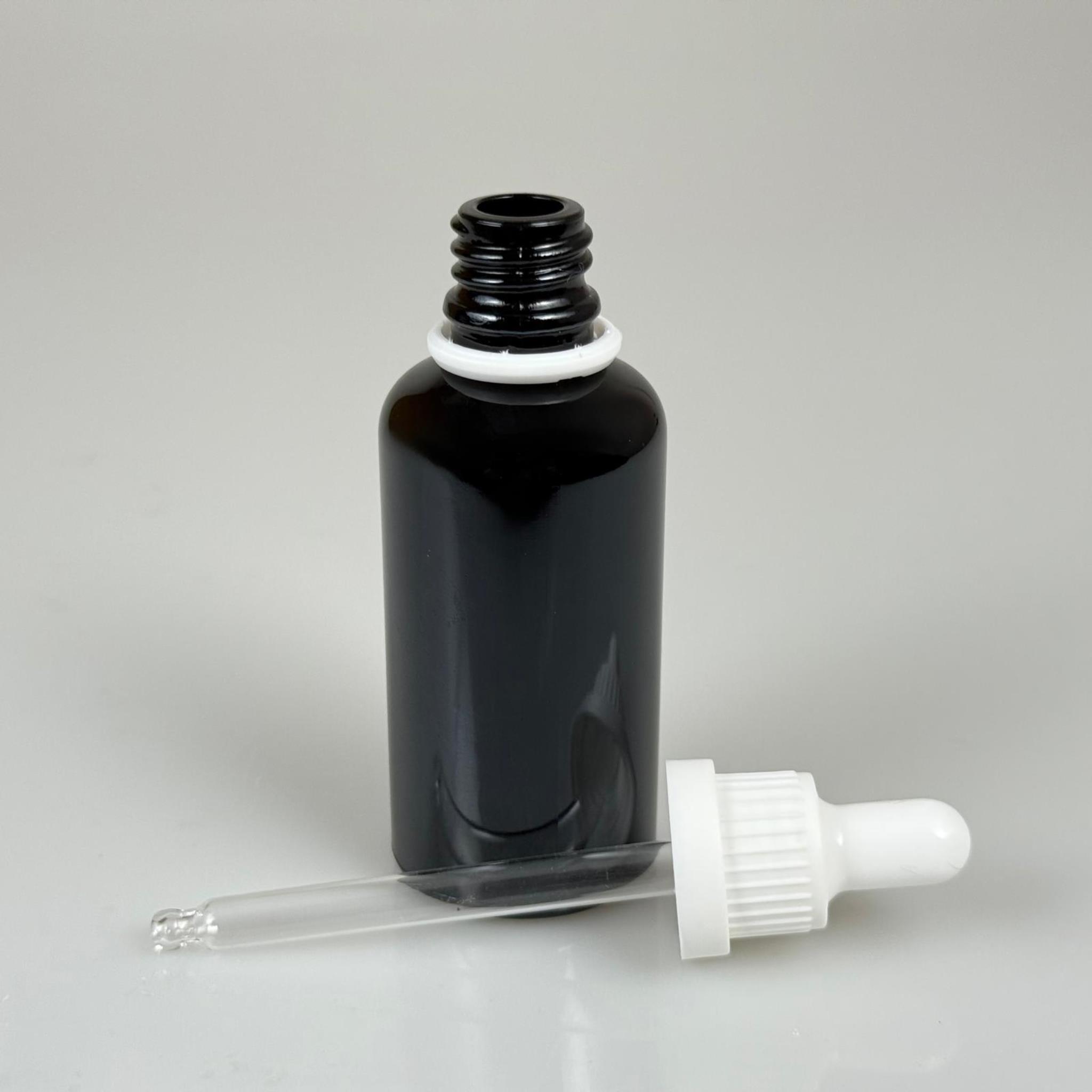 50 CC SİYAH CAM DAMLALIKLI ŞİŞE - BEYAZ EMZİK - BEYAZ PLASTİK KİLİTLİ KAPAK - 50 ML SİYAH CAM DAMLALIKLI ŞİŞE