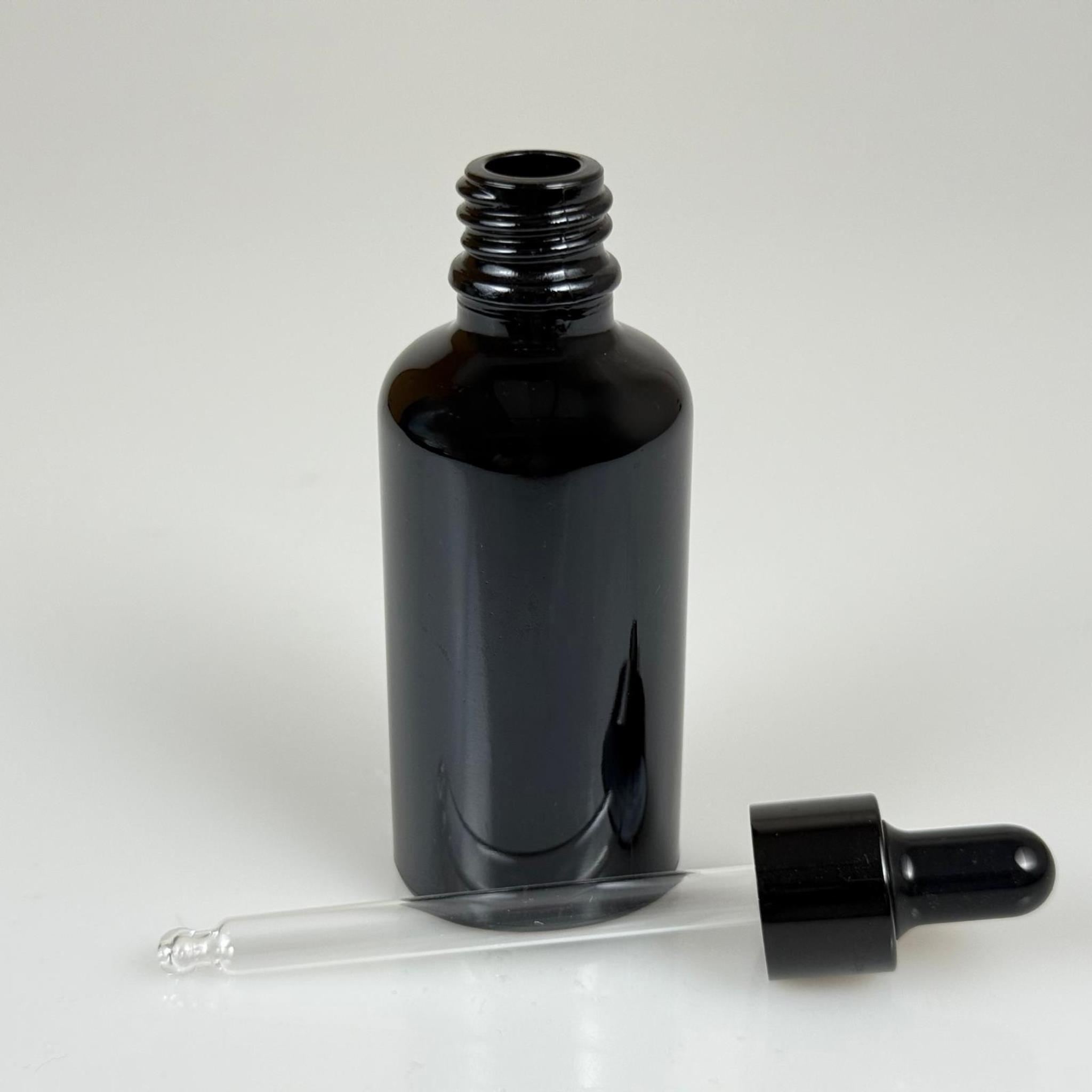 50 CC SİYAH CAM DAMLALIKLI ŞİŞE - SİYAH EMZİK - SİYAH  METALİK KAPAK - 50 ML SİYAH CAM DAMLALIKLI ŞİŞE