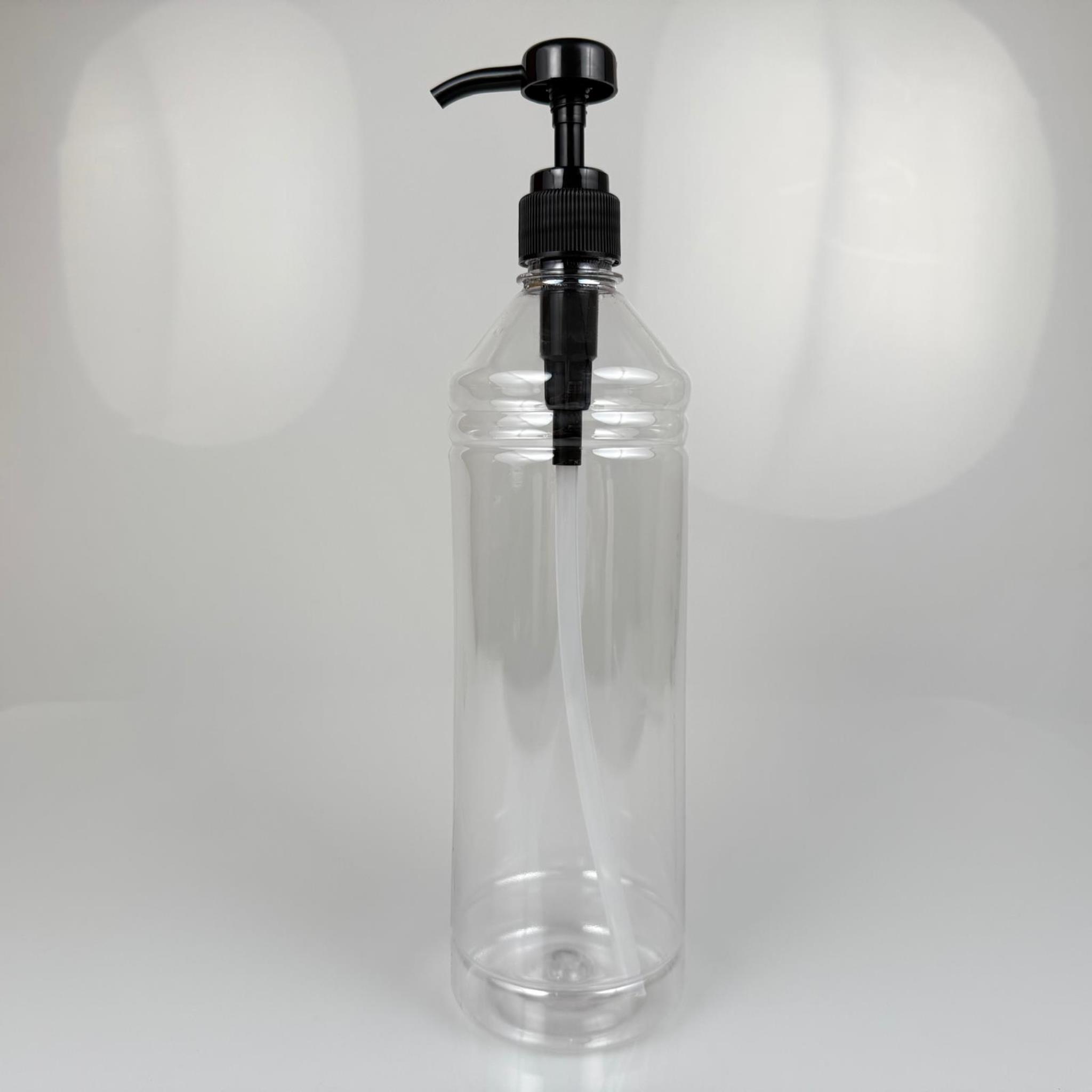 1000 CC ŞEFFAF DÜZ MODEL PET ŞİŞE - SİYAH DOZAJ POMPALI (HER BASMADA 4 CC SIVI ATAR)  - 1 LT POMPALI ŞİŞE - ŞURUP, ŞAMPUAN, KREM GİBİ YOĞUN KIVAMLI SIVILARDA KULLANILIR