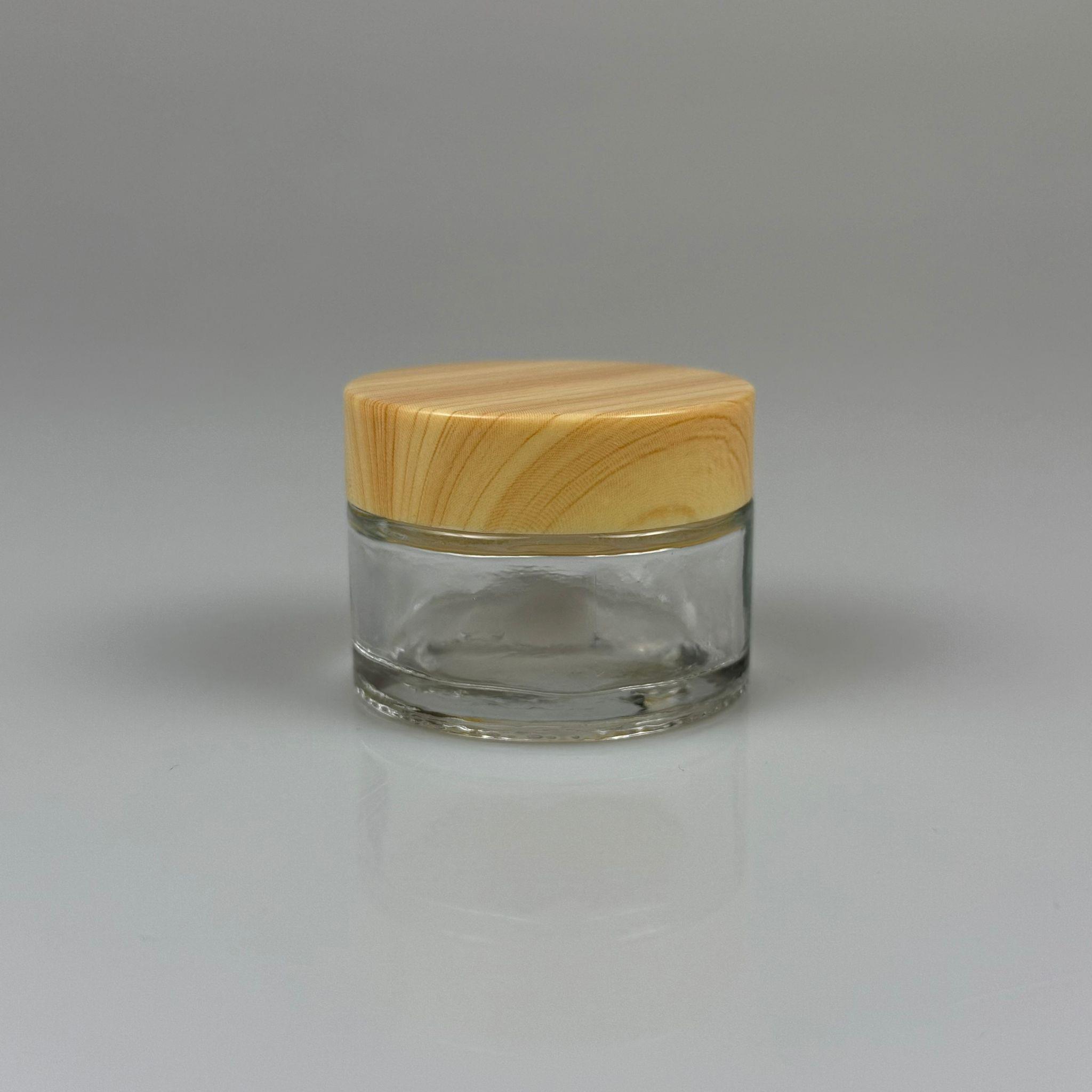 30 CC CAM ŞEFFAF KREM KAVANOZU - AHŞAP DESENLİ PLASTİK KAPAKLI İÇ CONTALI - 30 ML ŞEFFAF CAM KAVANOZ  - KOZMETİK KAVANOZ