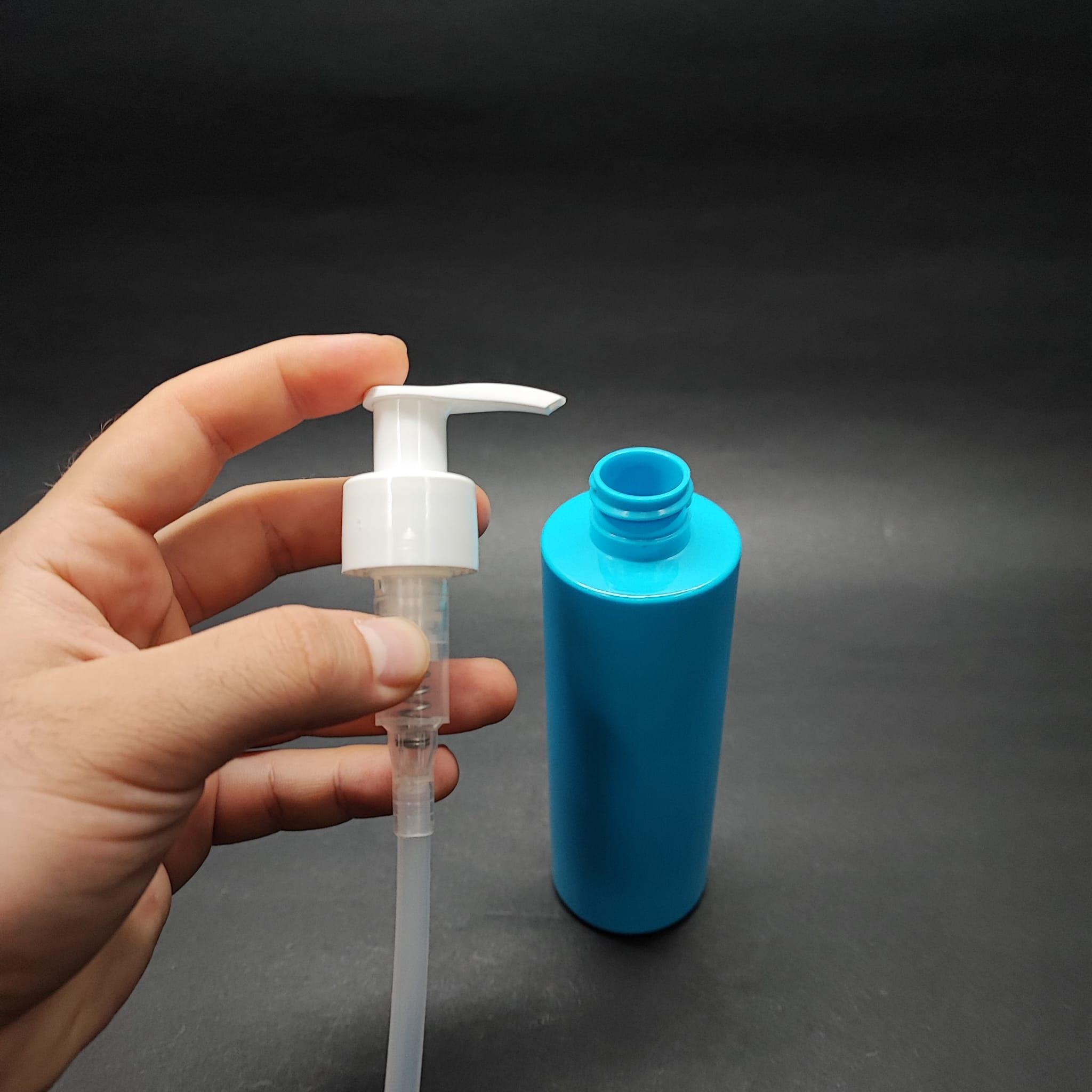 200 CC KÜT BOYUNLU UZUN SİLİNDİR PET ŞİŞE (24 GR) - BEYAZ SIVI SABUN POMPALI - 200 ML PLASTİK ŞİŞE - MAVİ