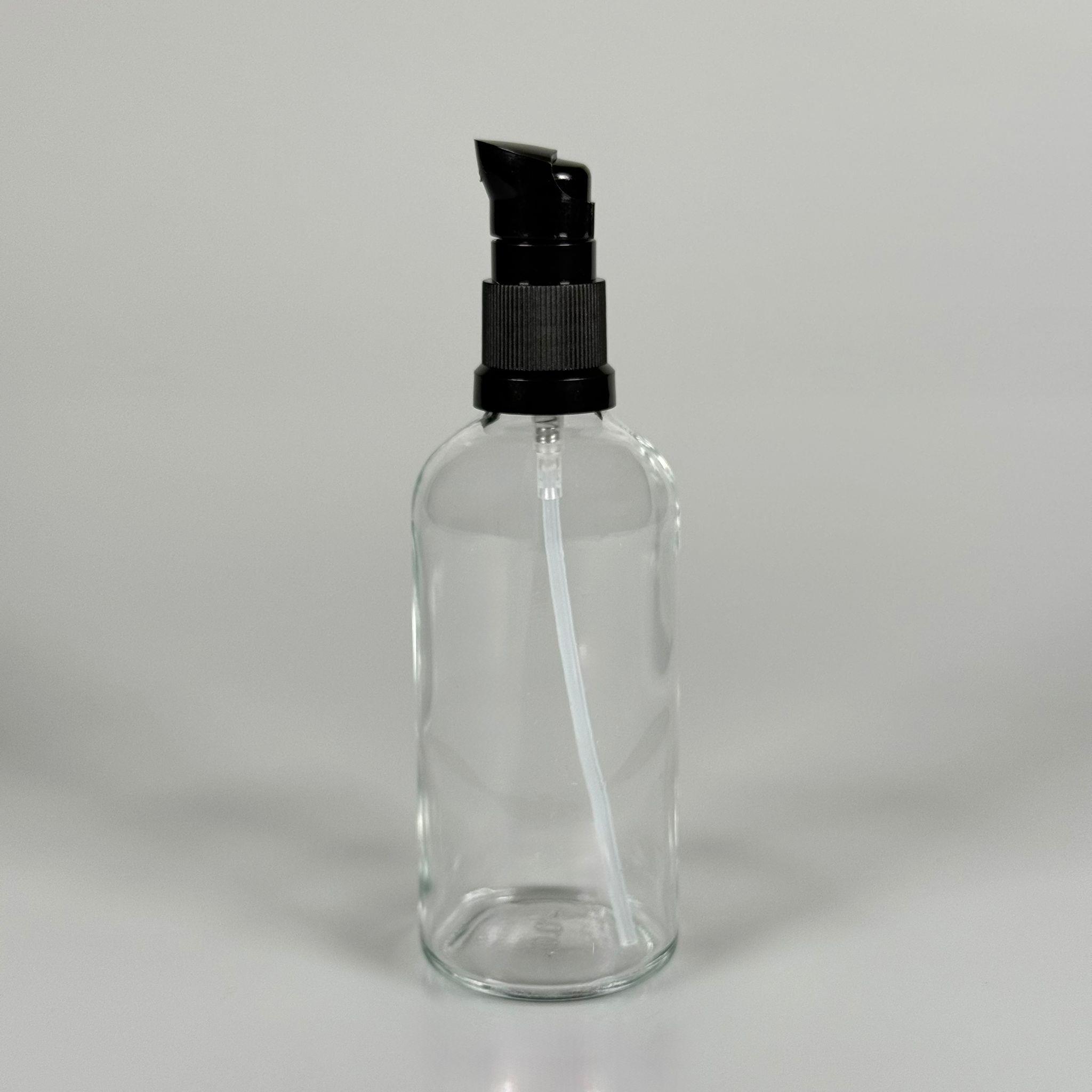100 CC ŞEFFAF CAM ŞİŞE - SIZDIRMAZ ETEKLİ SİYAH LOSYON POMPALI TAKIM - 100 ML LOSYON ŞİŞESİ - YAĞ, KREM GİBİ YOĞUN KIVAMLI SIVILAR İÇİN CAM AMBALAJ