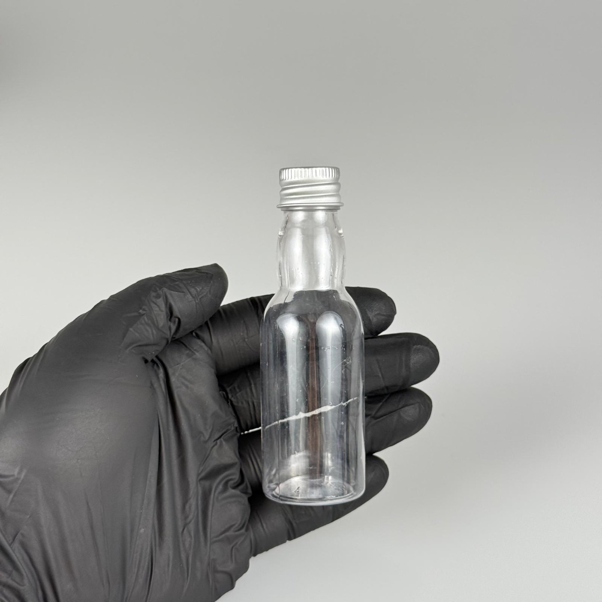 40 CC ŞEFFAF UZUN BOĞAZLI PET ŞİŞE + KÖPÜK CONTALI GÜMÜŞ ALÜMİNYUM METAL KAPAKLI + KÖR TIPALI TAKIM - 40 ML BOĞAZLI PET ŞİŞE