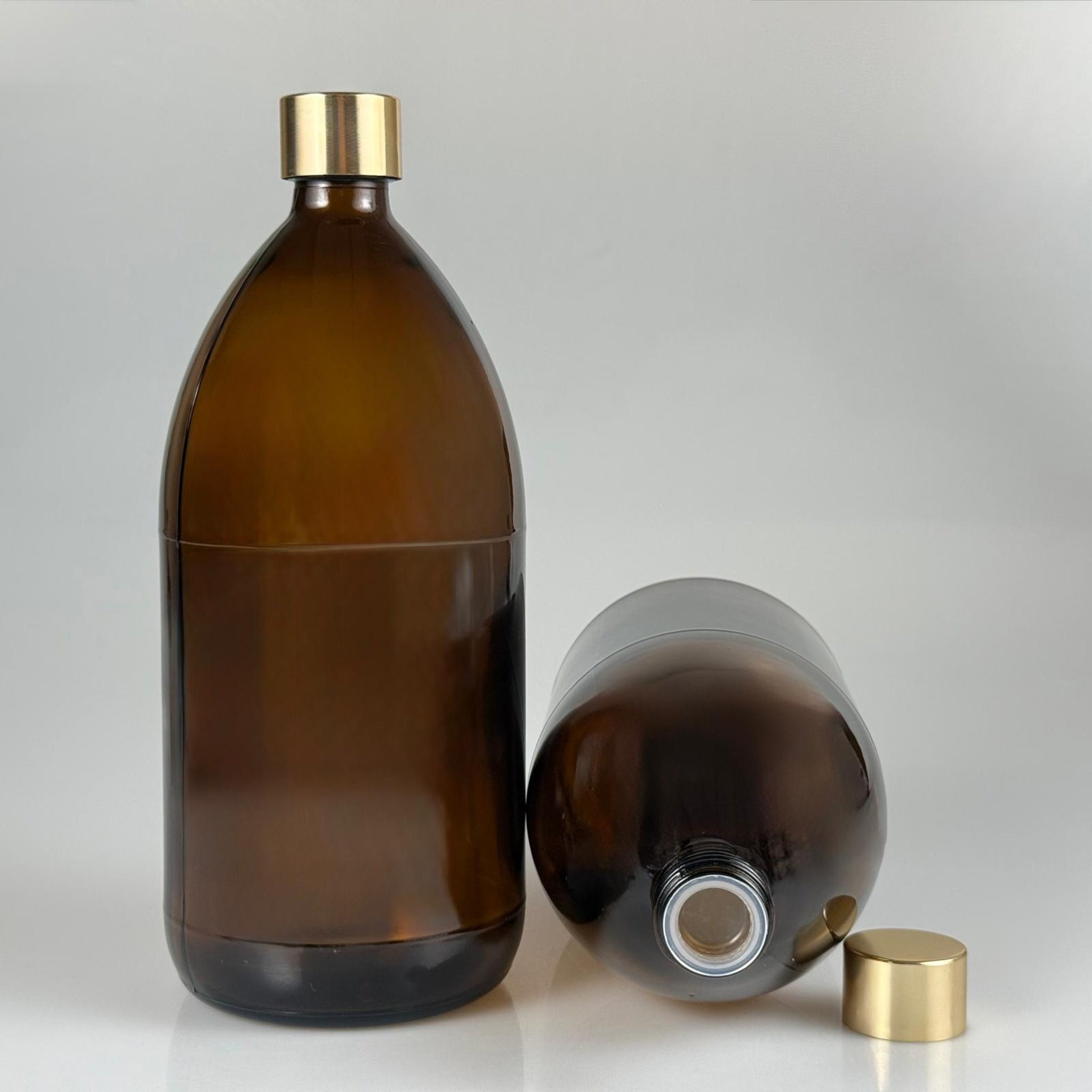1000 CC AMBER CAM ŞİŞE + ALÜMİNYUM KAPLAMALI GOLD KAPAKLI + KÖR TIPALITAKIM - 1000 ML KAHVERENGİ CAM ŞİŞE