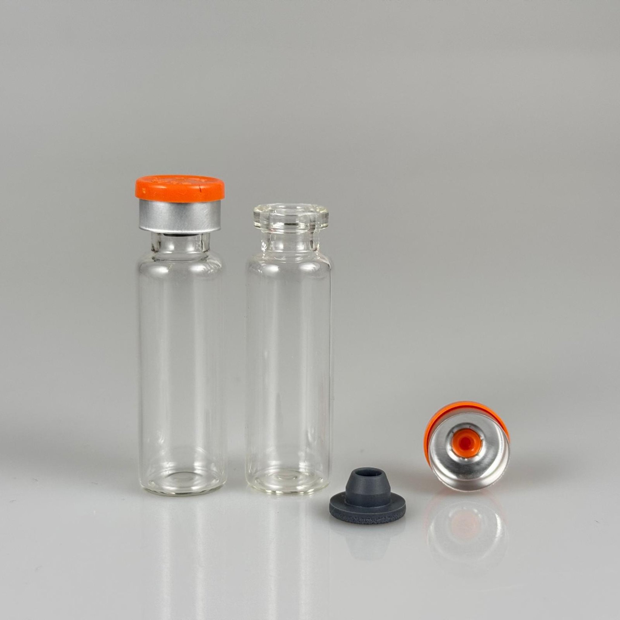 5 ML VİAL FLAKON ŞİŞE- 13 AĞIZ 5 CC ŞEFFAF CAM İLAÇ ŞİŞESİ + KAUÇUK BUTİL ENJEKTÖR TIPASI + TURUNCU FLAKON KAPAKLI TAKIM