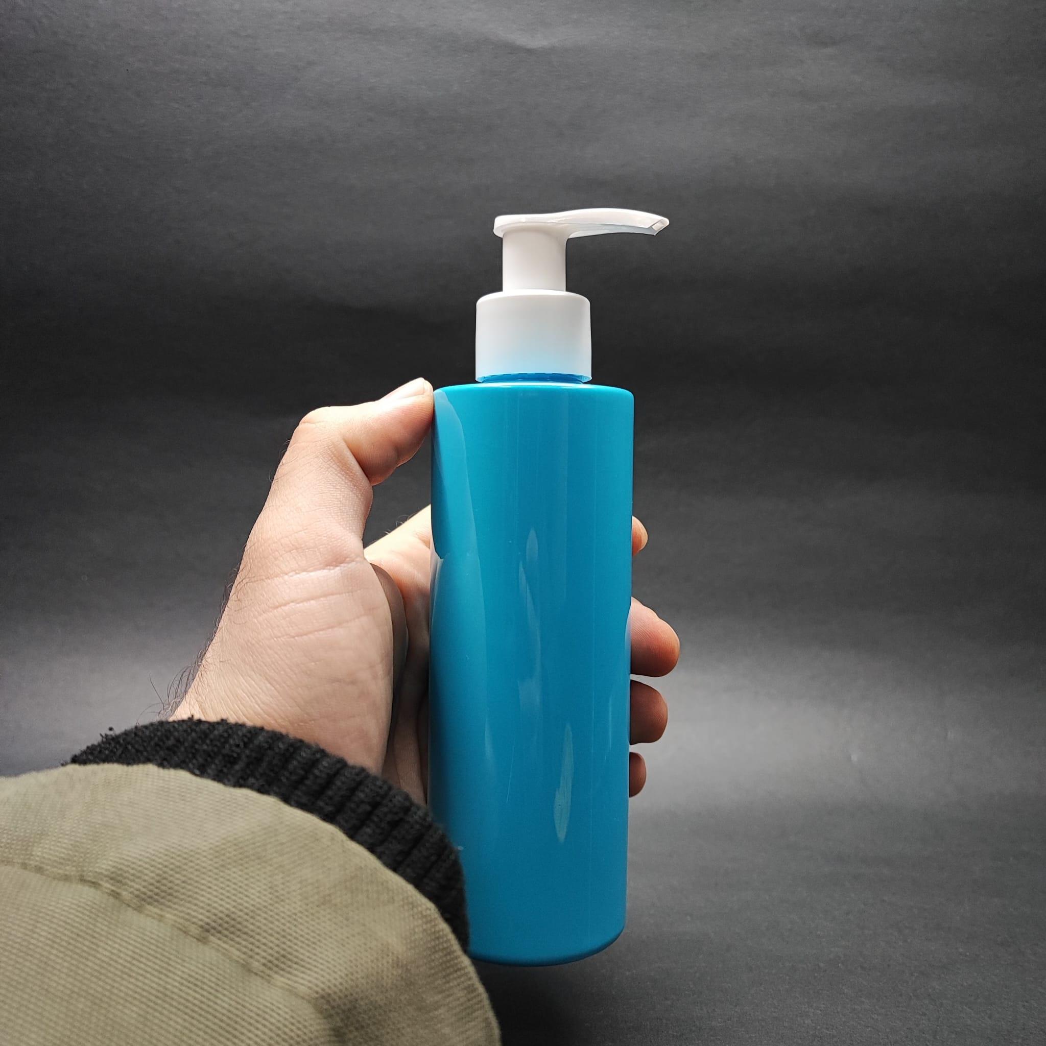 200 CC KÜT BOYUNLU UZUN SİLİNDİR PET ŞİŞE (24 GR) - BEYAZ SIVI SABUN POMPALI - 200 ML PLASTİK ŞİŞE - MAVİ