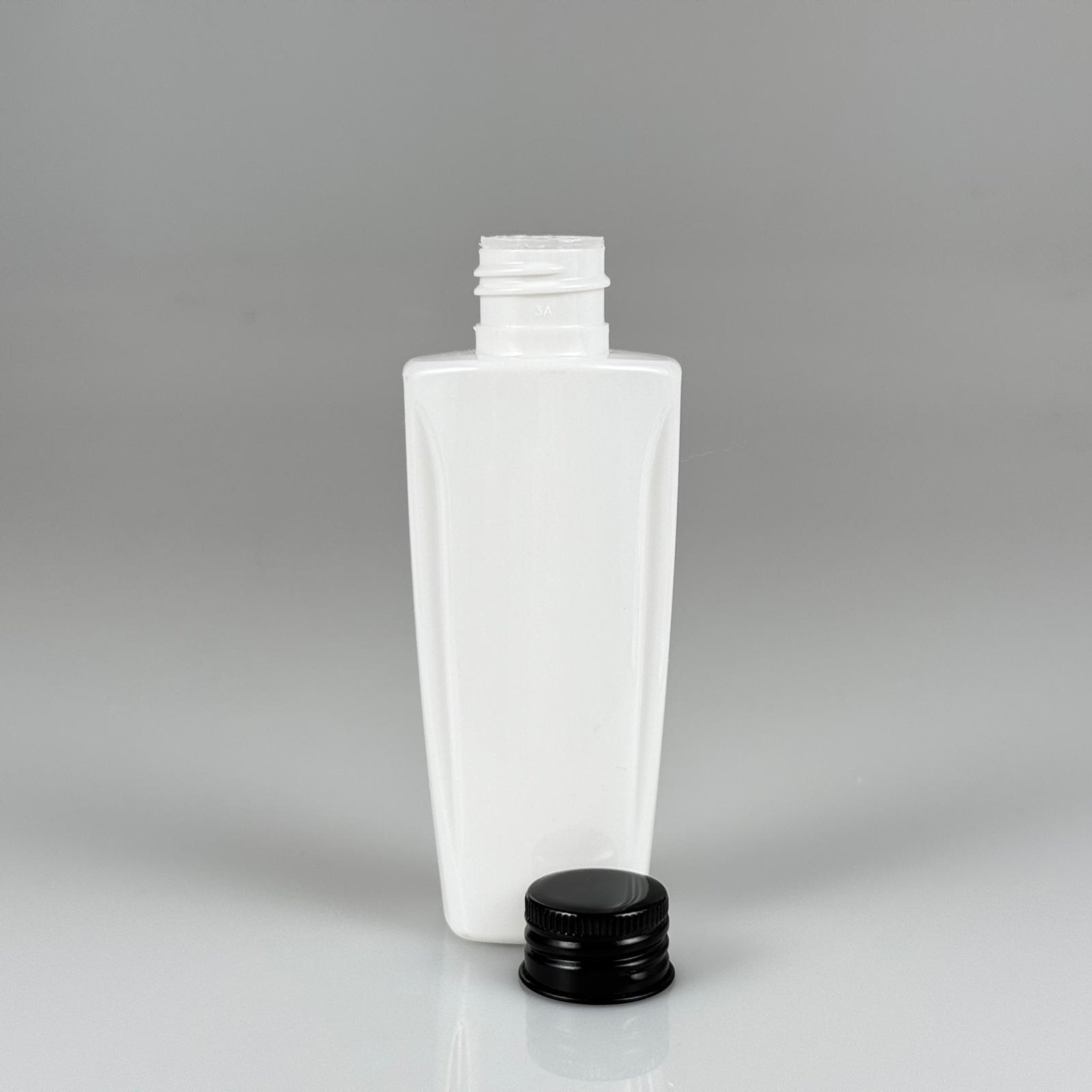 100 CC BEYAZ SERT PET ŞİŞE (LOREAL PARİS MODEL) 24 AĞIZ + KÖPÜK CONTALI SİYAH METAL ALÜMİNYUM KAPAK + KOLONYA TIPALI TAKIM - 100 ML KAPAKLI KOZMETİK PLASTİK ŞİŞELER