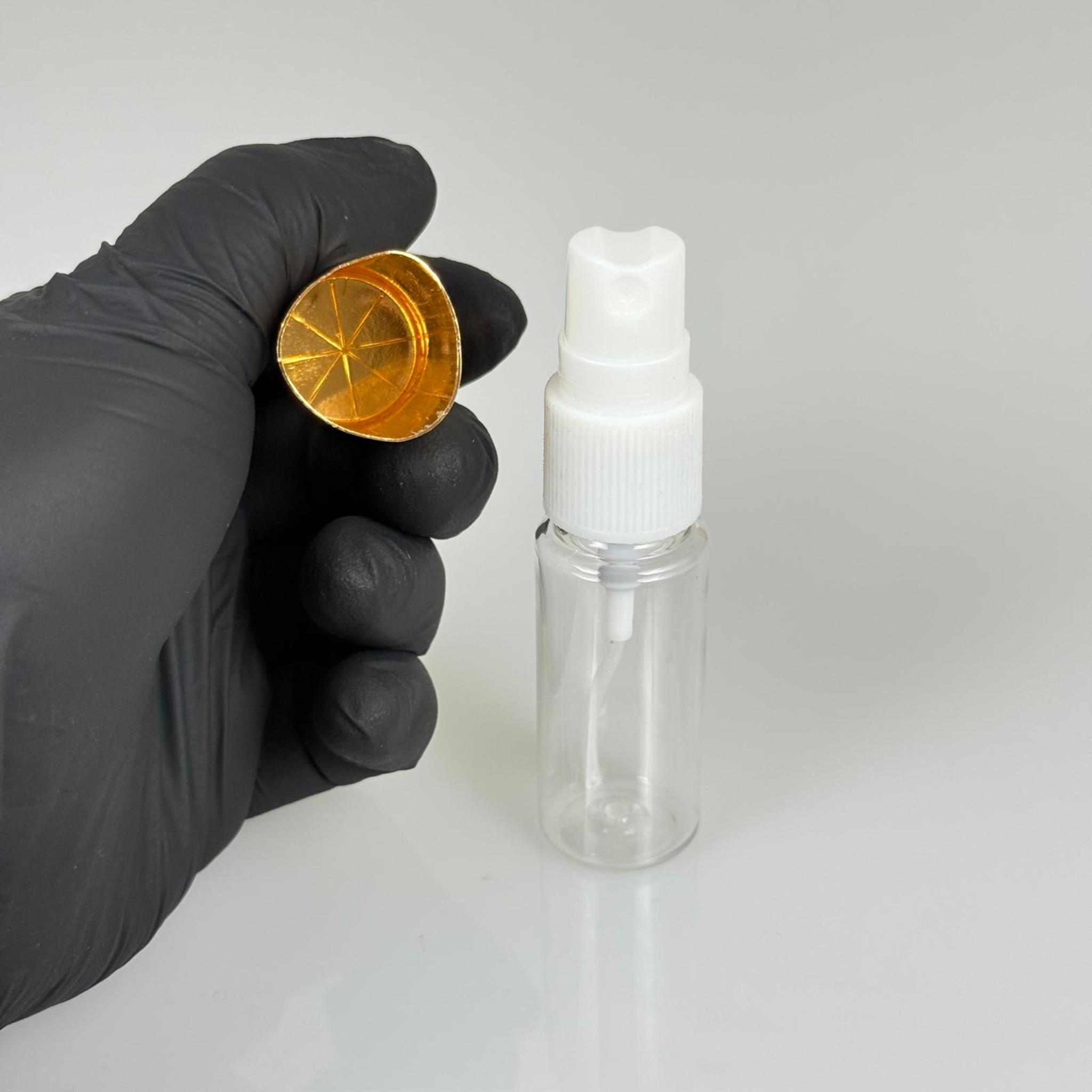 15 ML PET KOLONYA, PARFÜM VB ŞİŞELERİ - METAL ALÜMİNYUM GOLD KAPAK + VİDALI SPREY + 15 CC ŞİŞE SET TAKIM