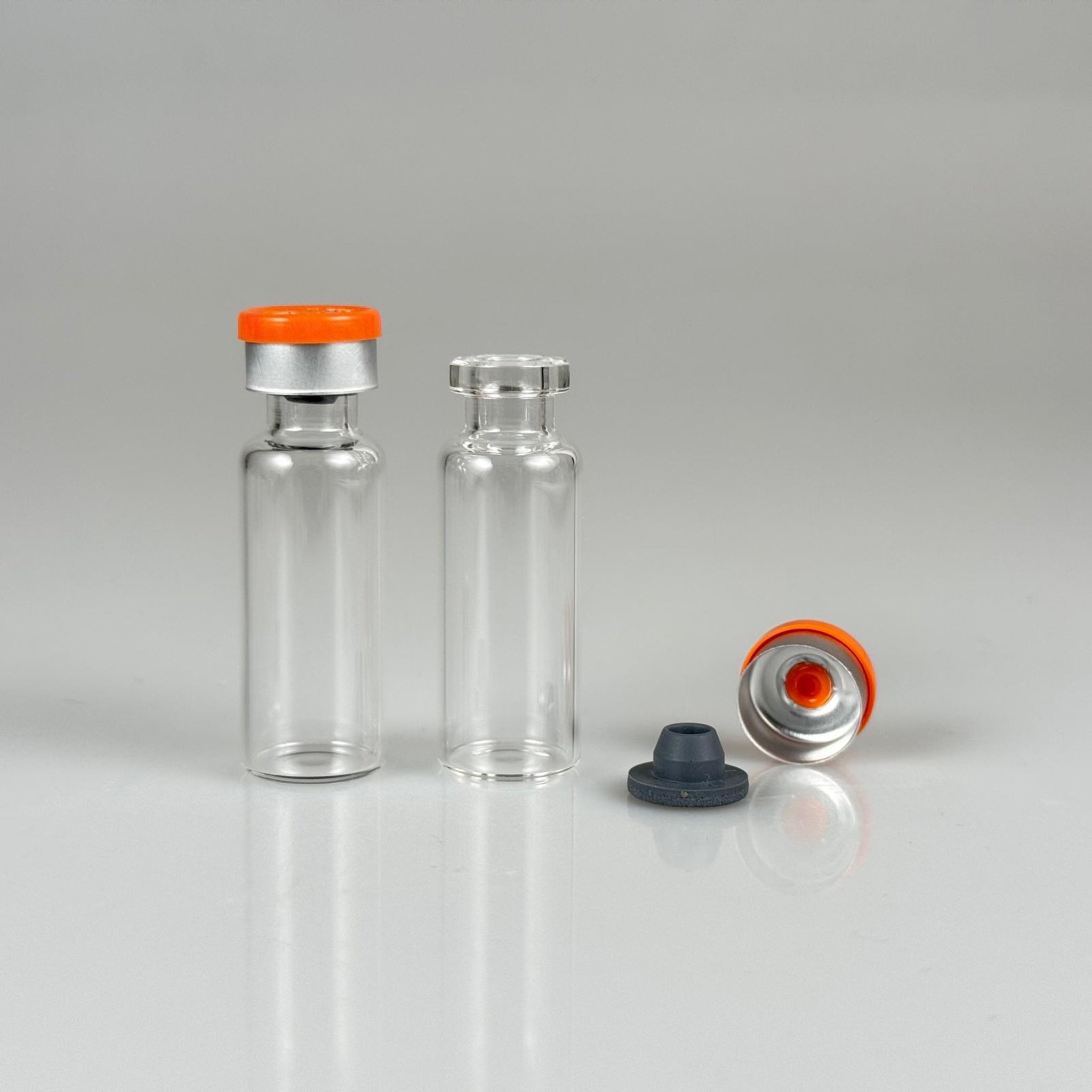 4 ML VİAL FLAKON ŞİŞE- 13 AĞIZ 4 CC ŞEFFAF CAM İLAÇ ŞİŞESİ + KAUÇUK BUTİL ENJEKTÖR TIPASI + TURUNCU FLAKON KAPAKLI TAKIM