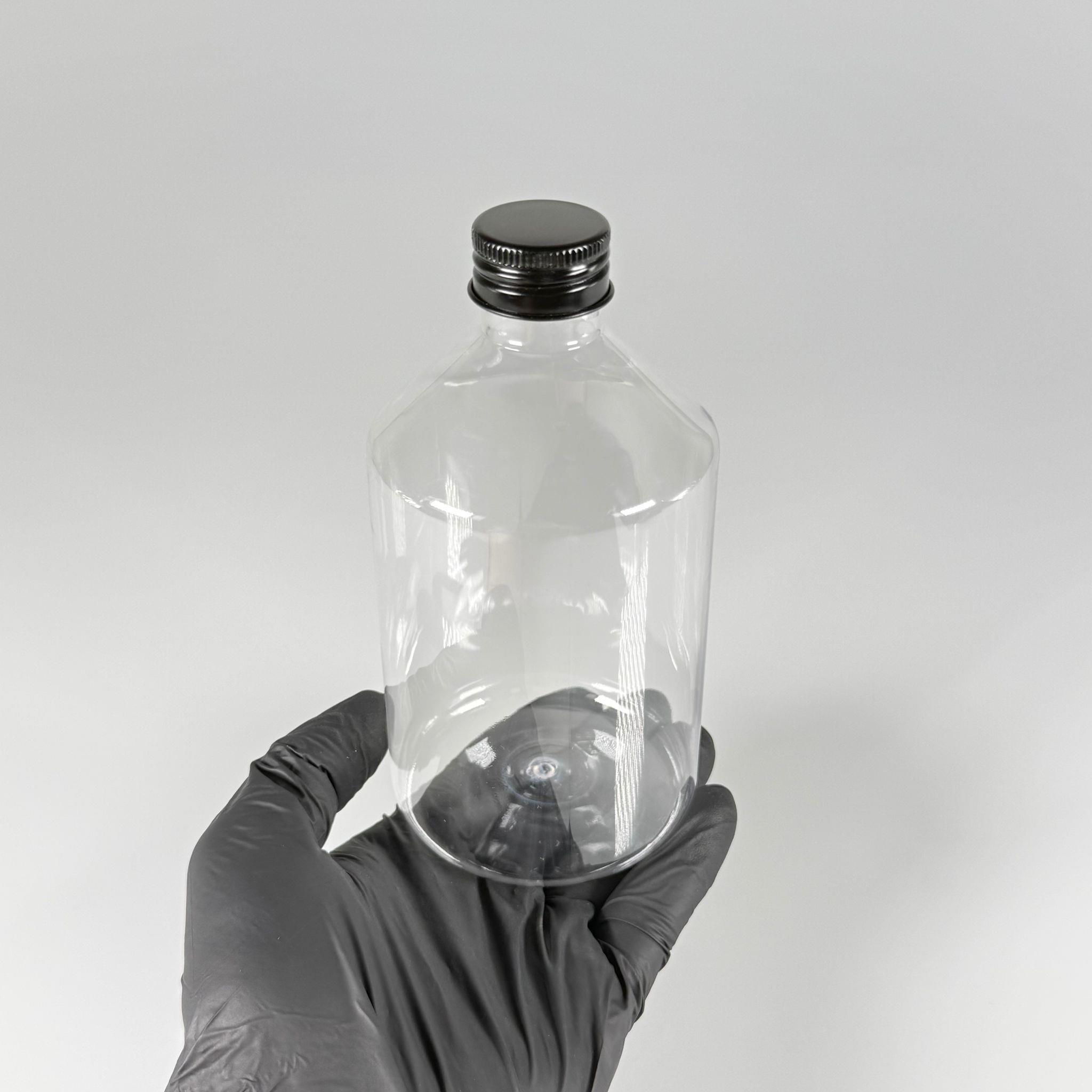 500 CC KÜT BOYUNLU ŞEFFAF PET ŞİŞE - SİYAH METAL ALÜMİNYUM KAPAKLI - 500 ML KALIN (30 gr) PET ŞİŞE