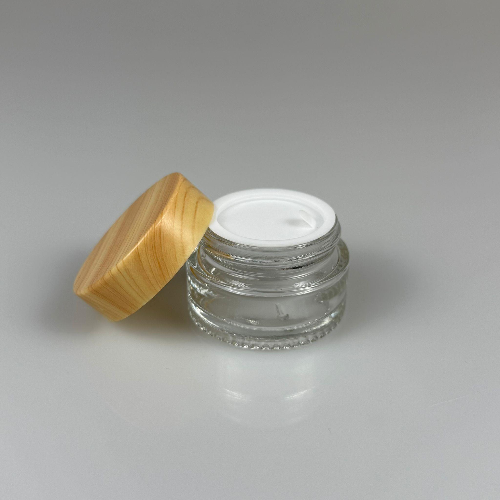 20 CC CAM ŞEFFAF KREM KAVANOZU - AHŞAP DESENLİ PLASTİK KAPAKLI İÇ CONTALI - 20 ML ŞEFFAF CAM KAVANOZ  - KOZMETİK KAVANOZ