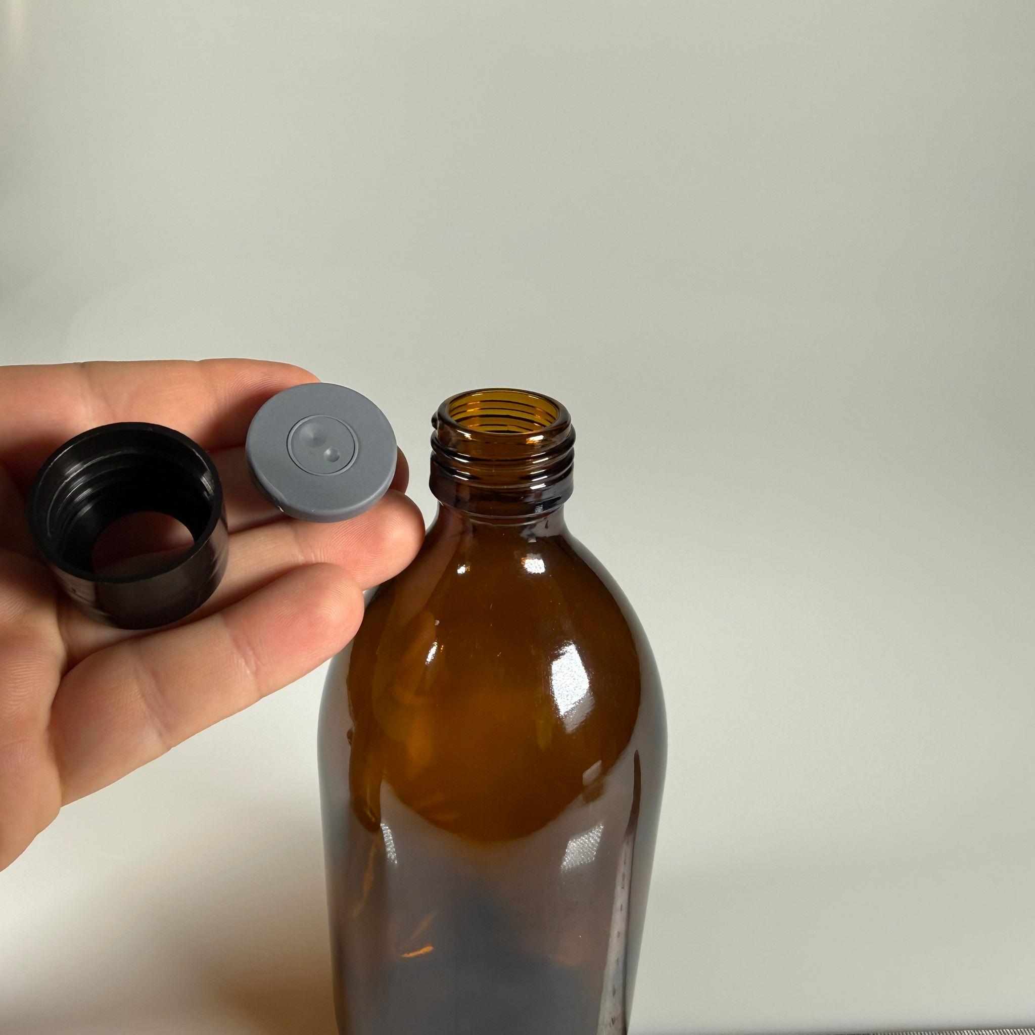 FLAKON ENJEKTÖR SERUM ŞİŞESİ - 500 ML ECZA CAM ŞİŞE + VİDALI DELİKLİ KAPAK (ELLE ÇEVİREREK KAPANIR) + KAUÇUK BUTİL TIPA TAKIM