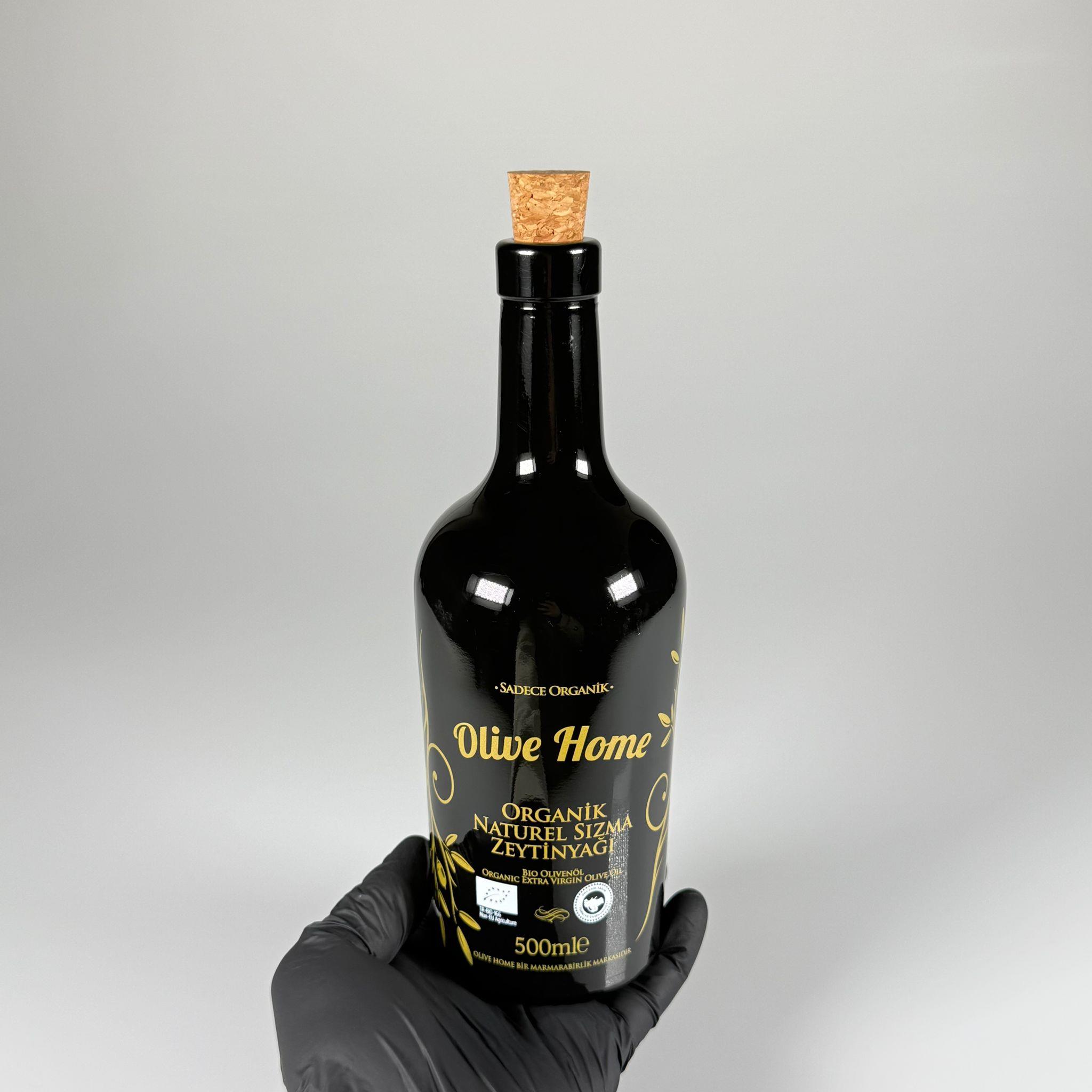 500 CC SİYAH OLİVE YAZI CAM ZEYTİNYAĞ ŞİŞESİ - MANTAR TIPALI - 500 ML YAĞDANLIK BASKILI CAM ŞİŞE