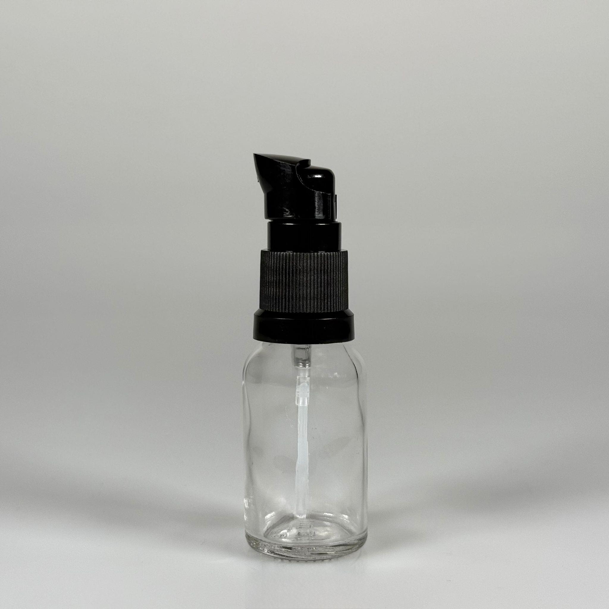 15 CC ŞEFFAF CAM ŞİŞE - SIZDIRMAZ ETEKLİ SİYAH LOSYON POMPALI TAKIM - 15 ML LOSYON ŞİŞESİ - YAĞ, KREM GİBİ YOĞUN KIVAMLI SIVILAR İÇİN CAM AMBALAJ