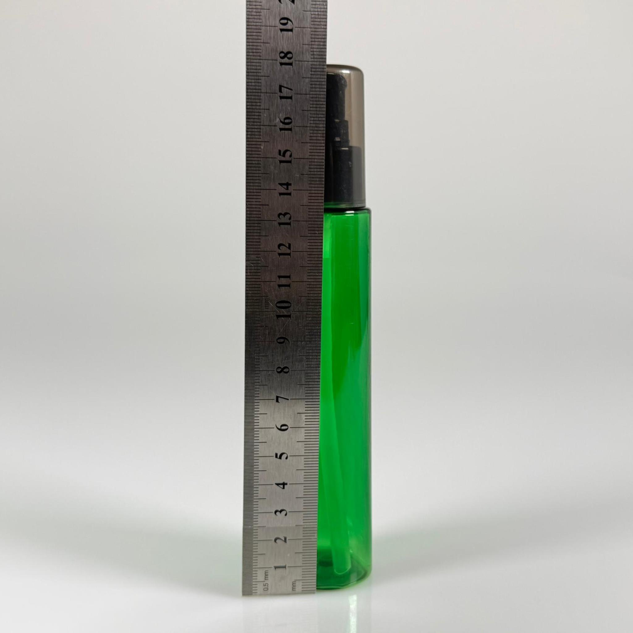 100 CC UZUN SİLİNDİR YEŞİL PET ŞİŞE (24 GR)  - SİYAH LOSYON POMPALI - 100 ML BİBERİYE SUYU, LAVANTA YAĞI, SAÇ SERUM, TONİK VB İÇİN PLASTİK KOZMETİK AMBALAJLARI