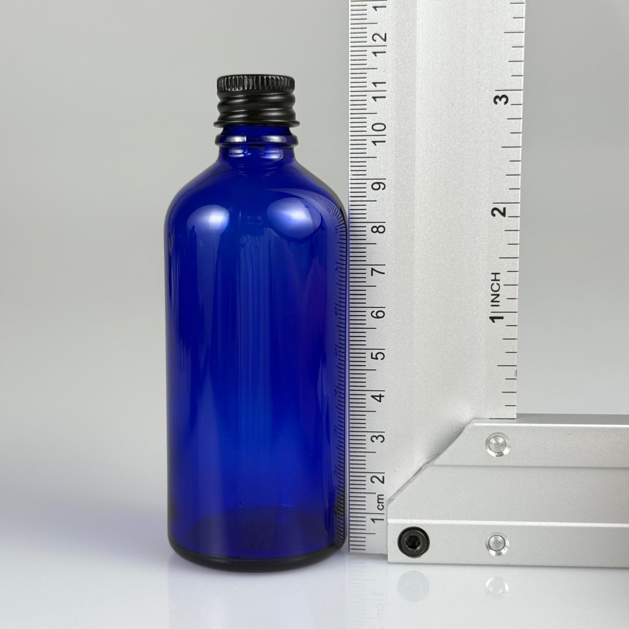 100 CC MAVİ CAM ŞİŞE + KÖPÜK CONTALI SİYAH ALÜMİNYUM METAL + DAMLALIKLI KOLONYA TIPALI KAPAKLI TAKIM - 100 ML MAVİ CAM ŞİŞE