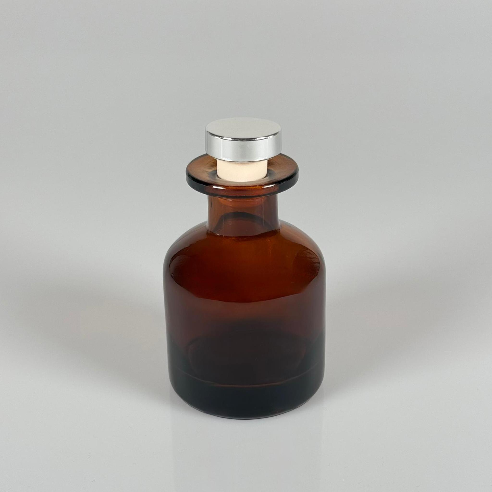 150 CC AMBER SİLİNDİR BAMBU CAM ESANS ŞİŞESİ - 150 ML KOKU, ESANS, PARFÜMERİ ŞİŞESİ - GÜMÜŞ MANTAR TIPALI TAKIM