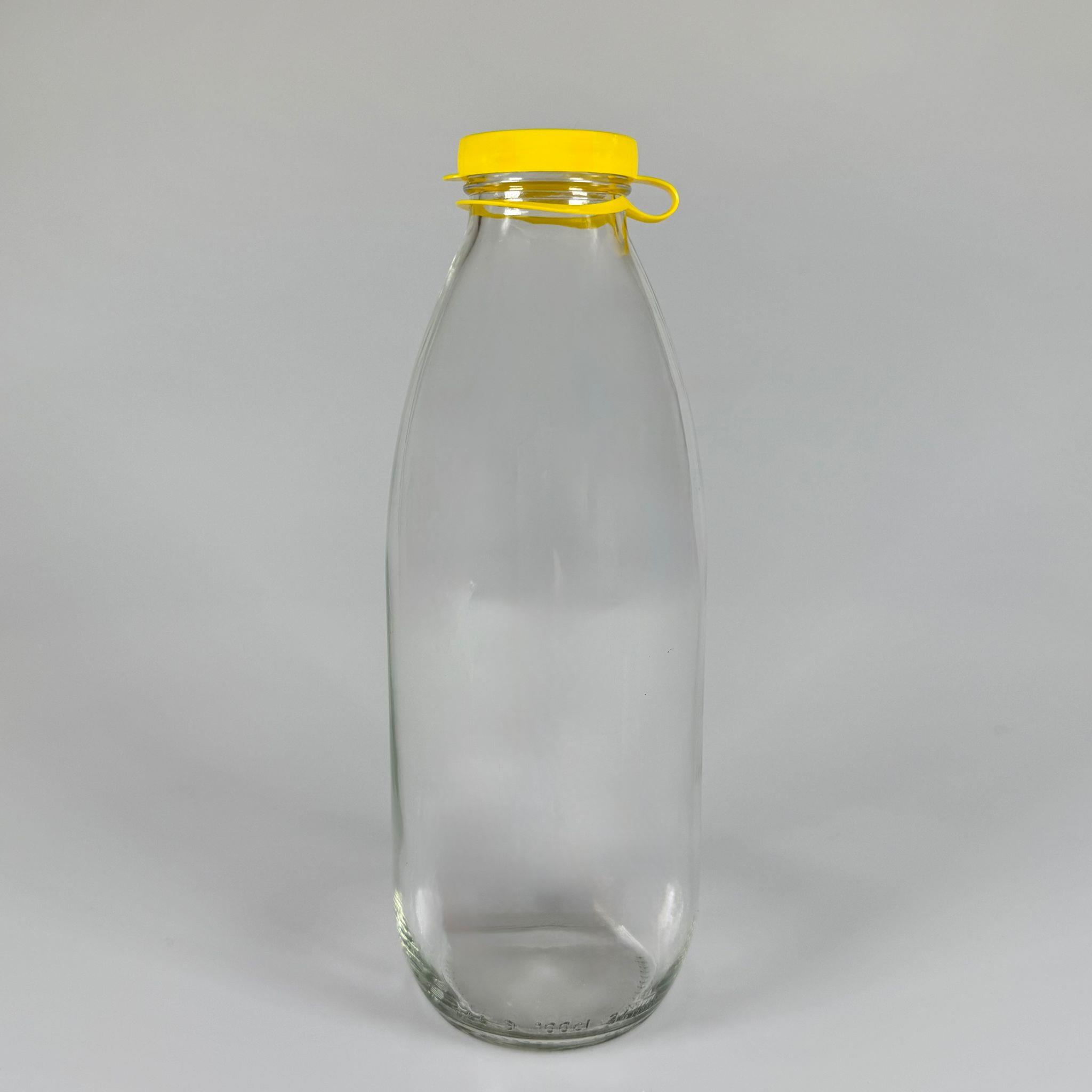 NOSTALJİ ESKİ TİP CAM AYRAN ŞİŞESİ - SÜT, LİMONATA, ŞIRA. ŞERBET. MEYVE SUYU, EV YAPIMI MEŞRUBAT, SMOOTHIE, KOKTEYL VB KAFETERYA, RESTORAN, EV KULLANIMI VB İÇİN - SARI GEÇME KAPAKLI 1000 CC BOŞ CAM ŞİŞELERİ