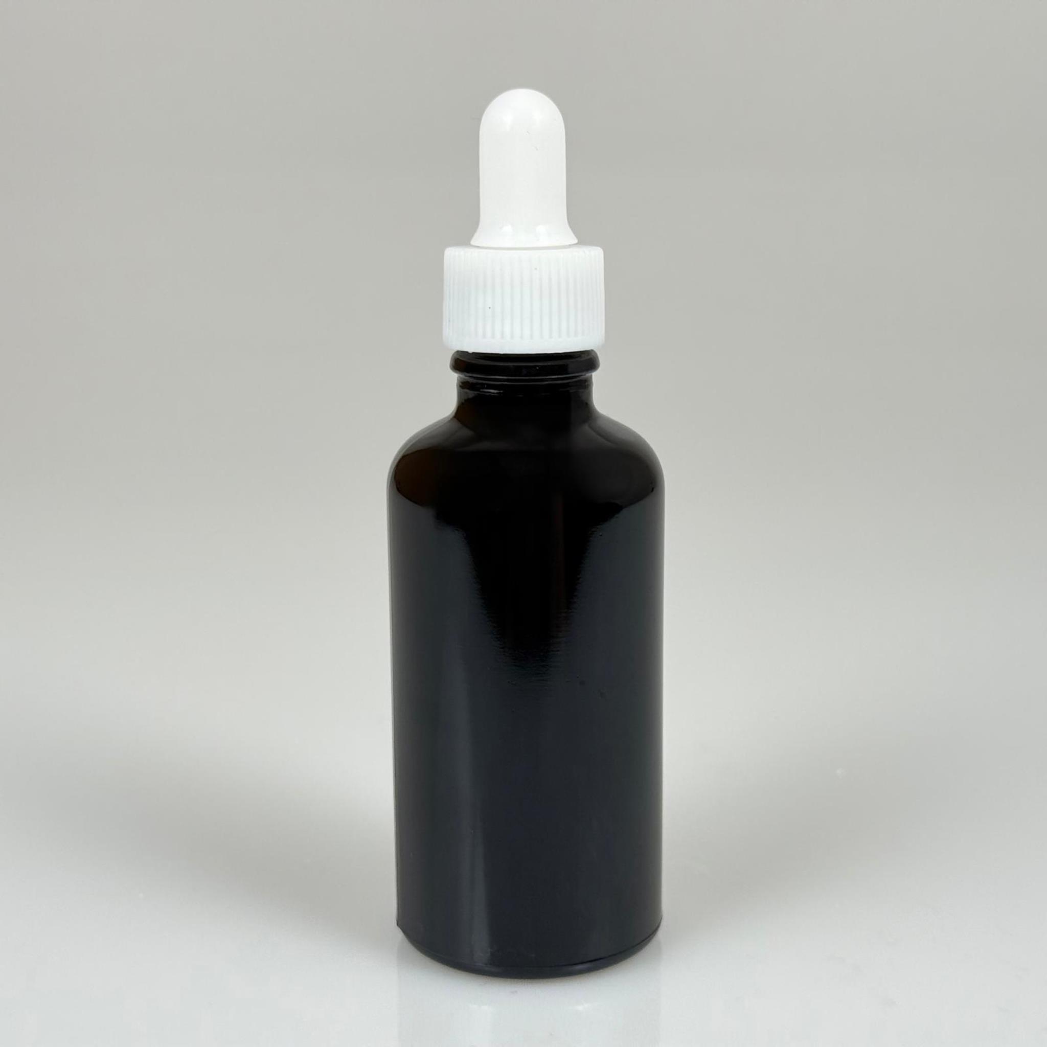 50 CC SİYAH CAM DAMLALIKLI ŞİŞE - BEYAZ EMZİK - BEYAZ PLASTİK KAPAK - 50 ML SİYAH CAM DAMLALIKLI ŞİŞE