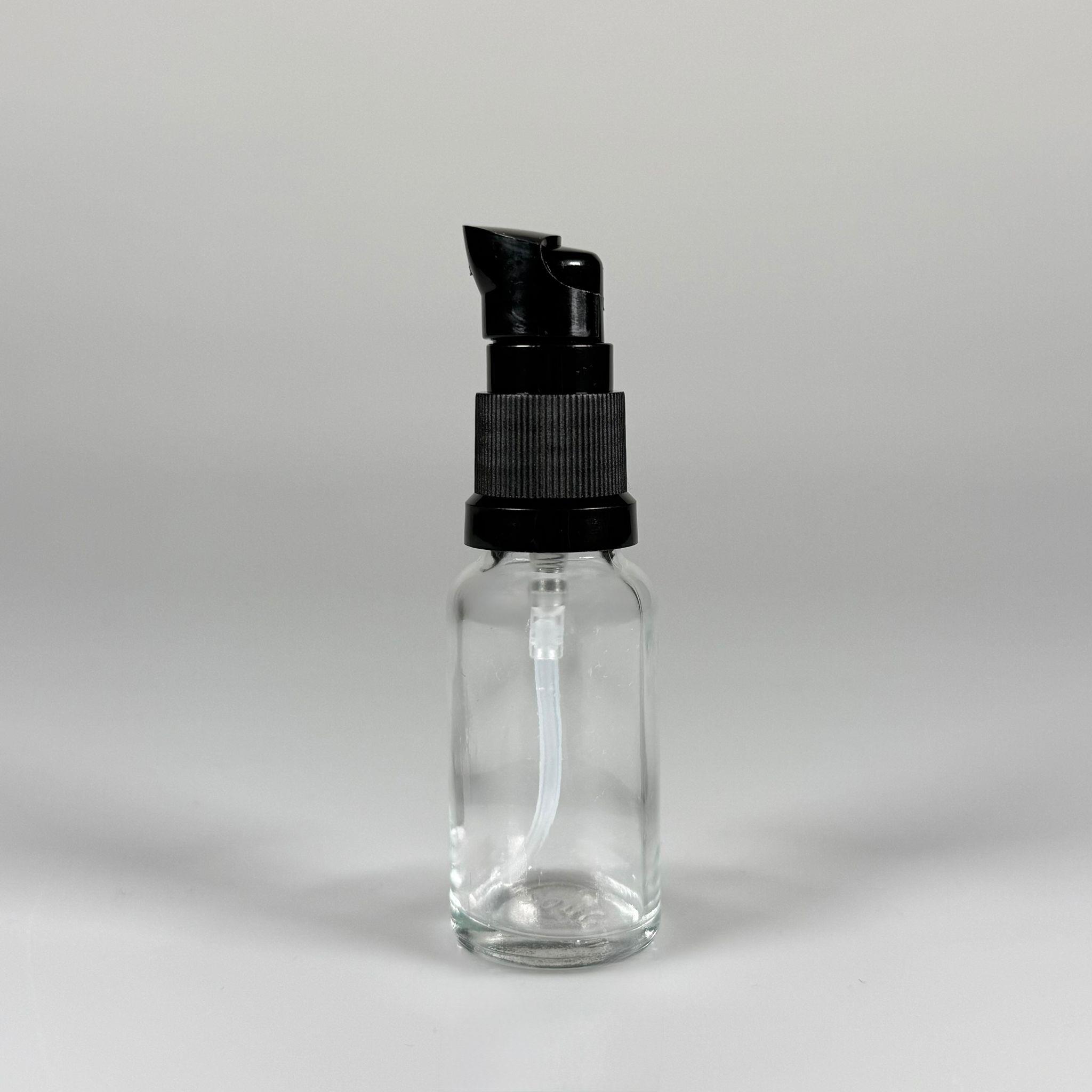 20 CC ŞEFFAF CAM ŞİŞE - SIZDIRMAZ ETEKLİ SİYAH LOSYON POMPALI TAKIM - 20 ML LOSYON ŞİŞESİ - YAĞ, KREM GİBİ YOĞUN KIVAMLI SIVILAR İÇİN CAM AMBALAJ