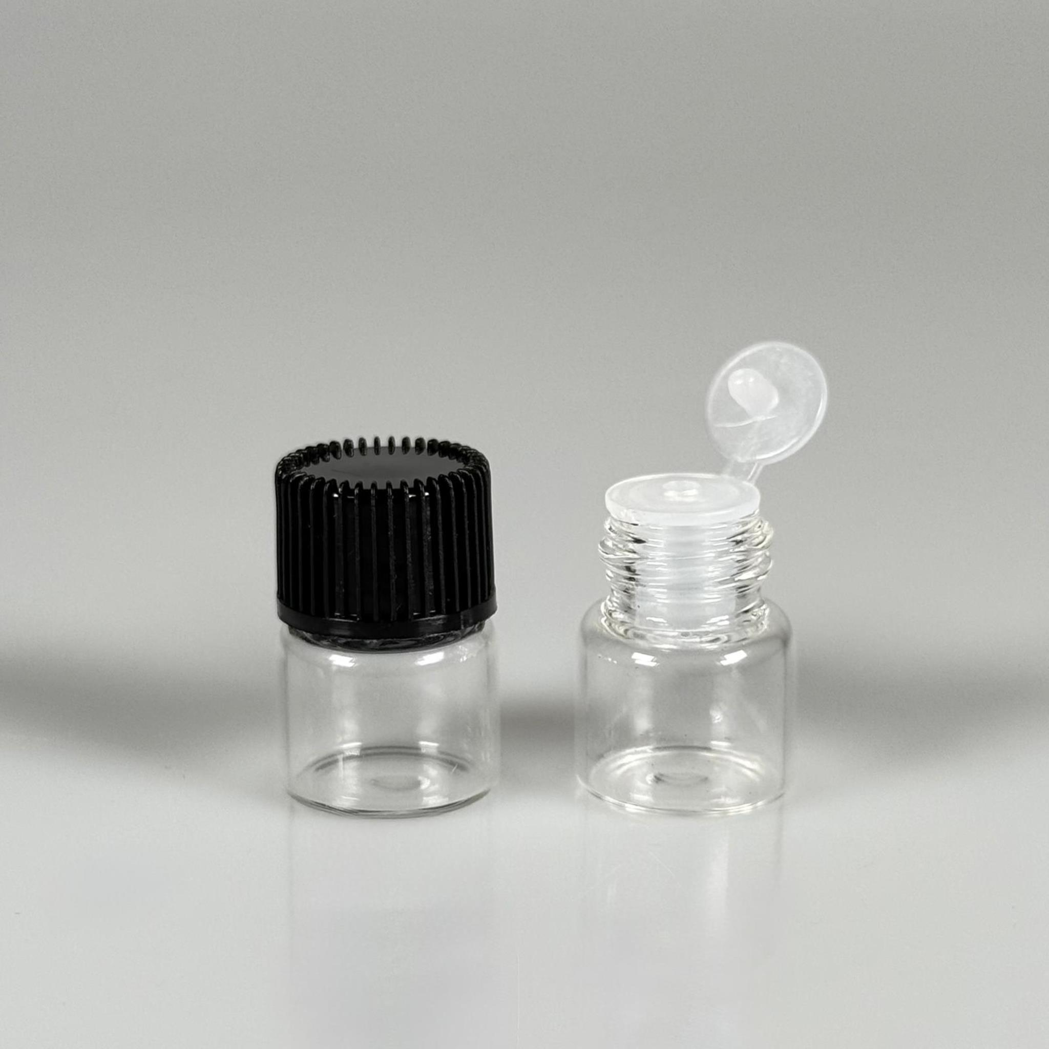 1 CC ŞEFFAF İNCE CAM ŞİŞE - SİYAH KAPAKLI + İÇTEN DAMLALIKLI - 1 ML CAM ŞİŞE