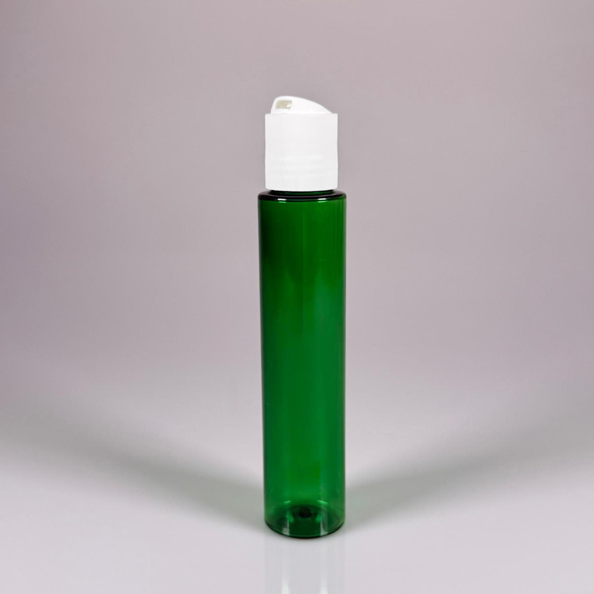 100 CC UZUN SİLİNDİR YEŞİL PET ŞİŞE (24 GR)  - BEYAZ DİSKTOP AKITICI ŞAMPUAN KAPAKLI - 100 ML BİBERİYE SUYU, LAVANTA YAĞI, SAÇ SERUM, TONİK VB İÇİN PLASTİK KOZMETİK AMBALAJLARI