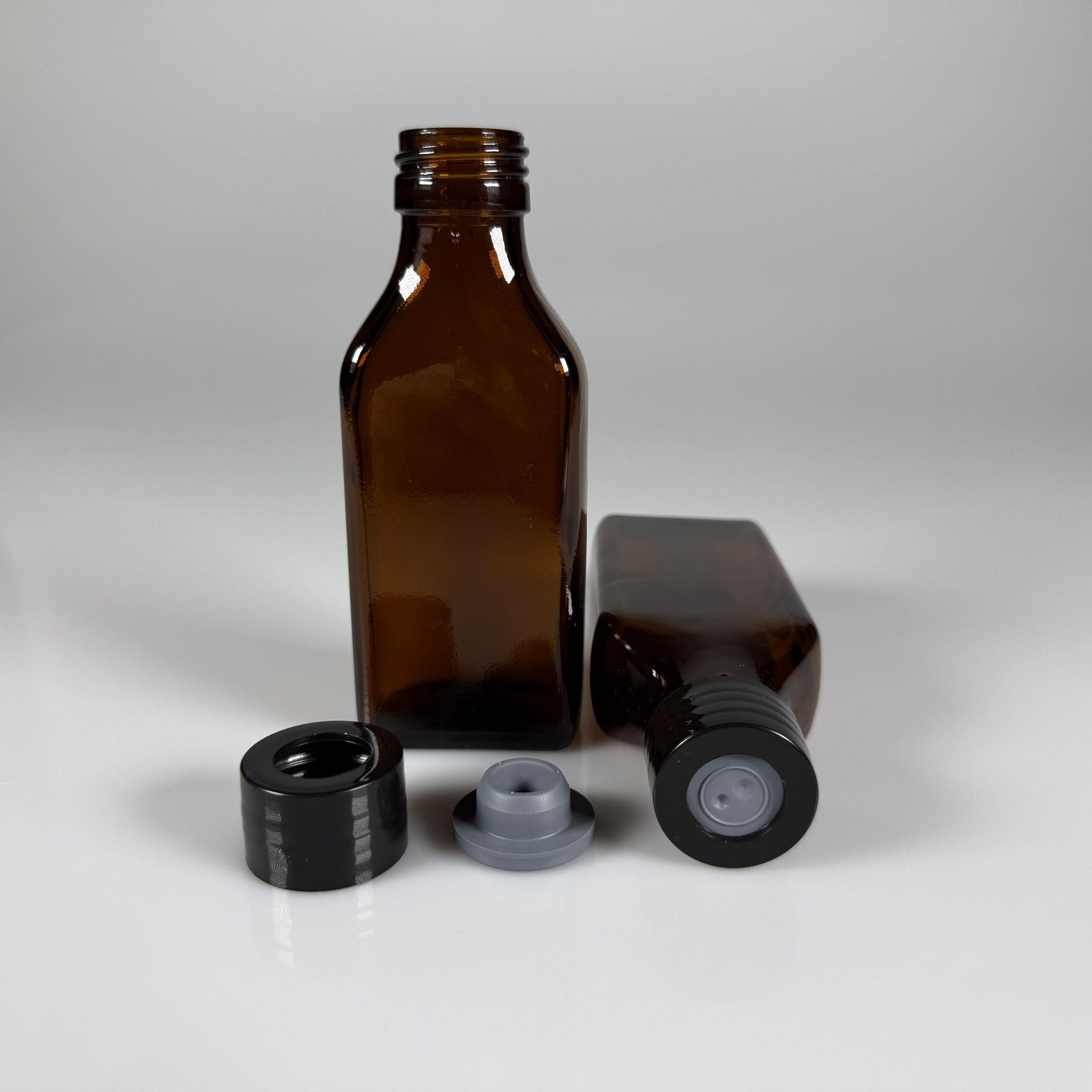 FLAKON ENJEKTÖR SERUM ŞİŞESİ - 100 ML YASSI AMBER ECZA CAM ŞİŞE + VİDALI DELİKLİ KAPAK (ELLE ÇEVİREREK KAPANIR) + KAUÇUK BUTİL TIPA TAKIM