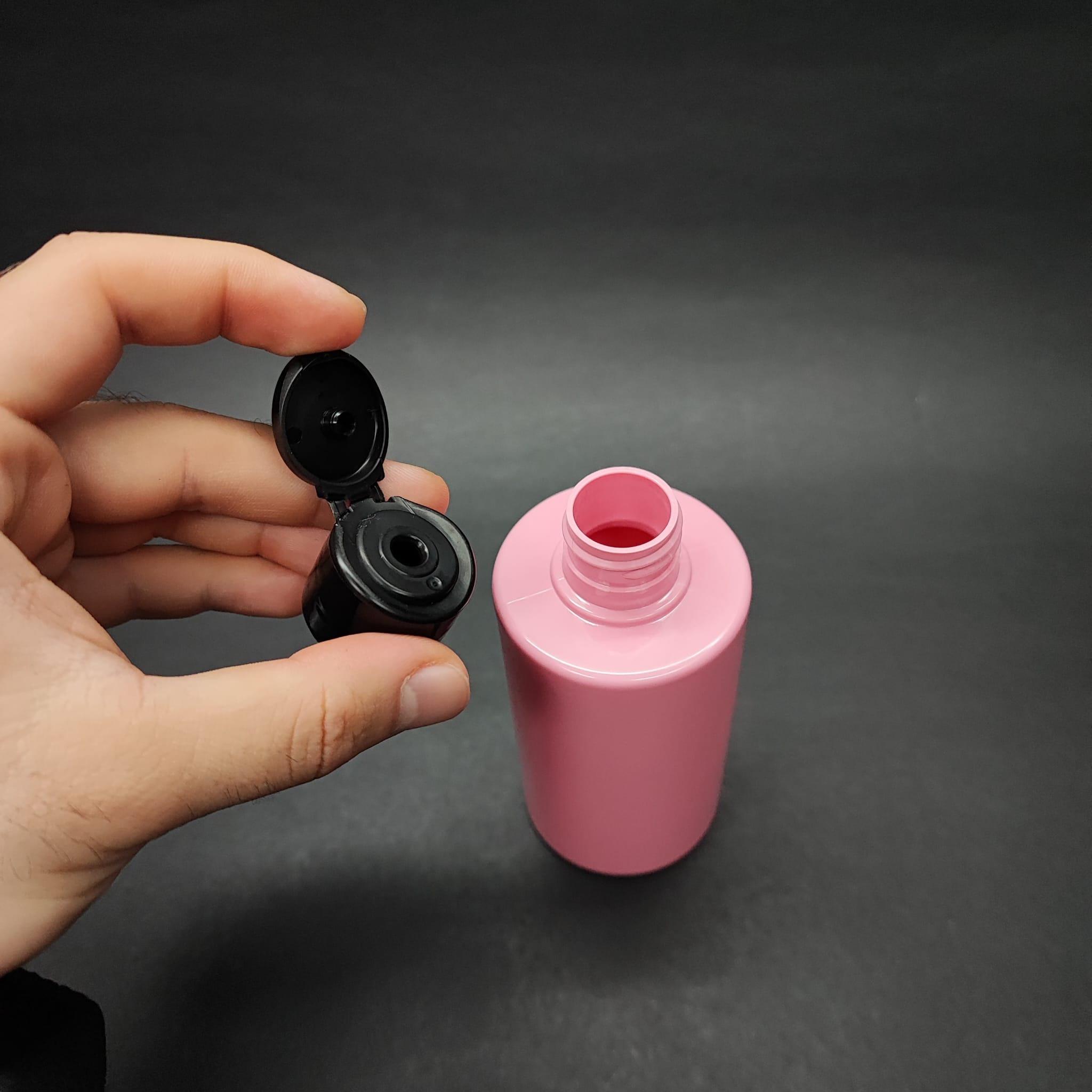 200 CC KÜT BOYUNLU SİLİNDİR PET ŞİŞE (24 GR) - SİYAH FARMASİ MODEL FLİPTOP KAPAKLI - 200 ML PLASTİK ŞİŞE - PEMBE