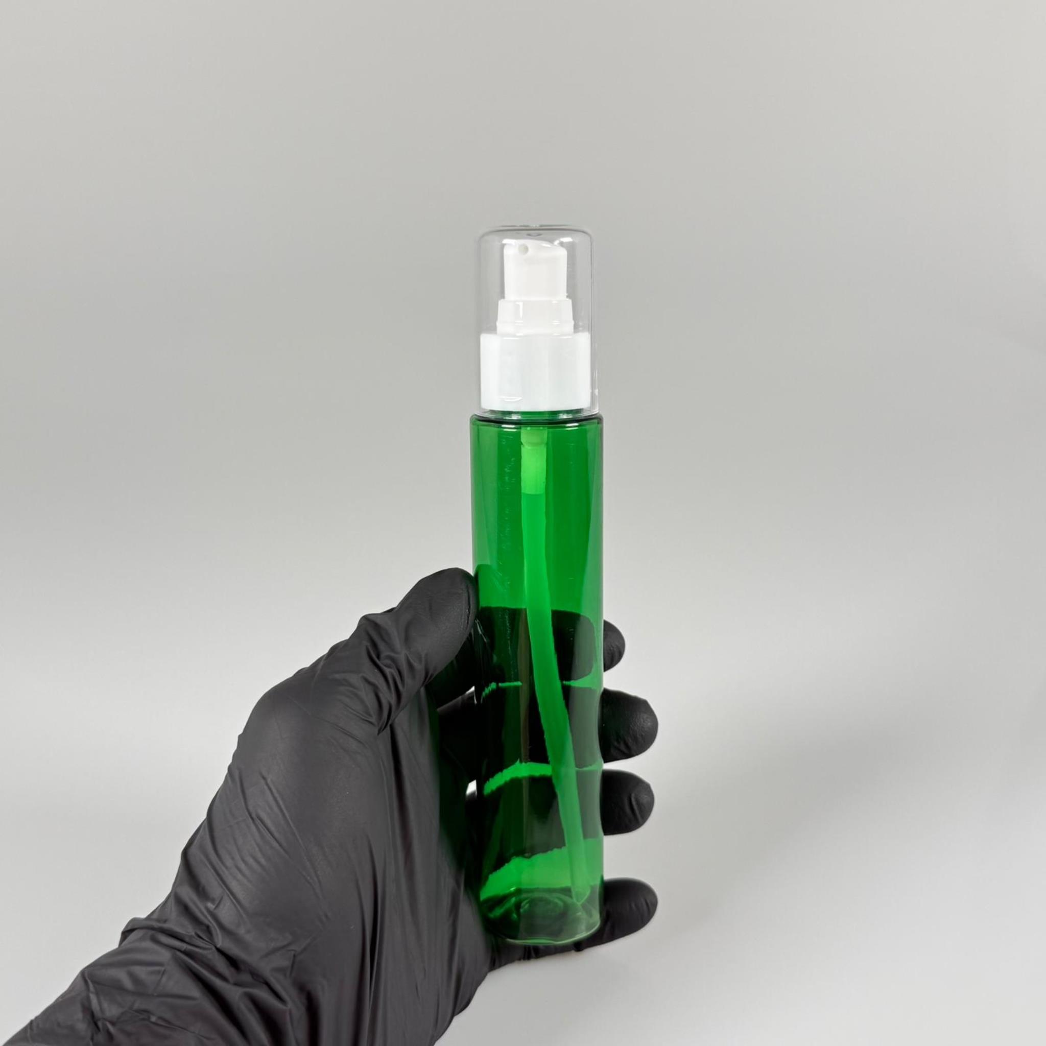 100 CC UZUN SİLİNDİR YEŞİL PET ŞİŞE (24 GR)  - BEYAZ LOSYON POMPALI - 100 ML BİBERİYE SUYU, LAVANTA YAĞI, SAÇ SERUM, TONİK VB İÇİN PLASTİK KOZMETİK AMBALAJLARI