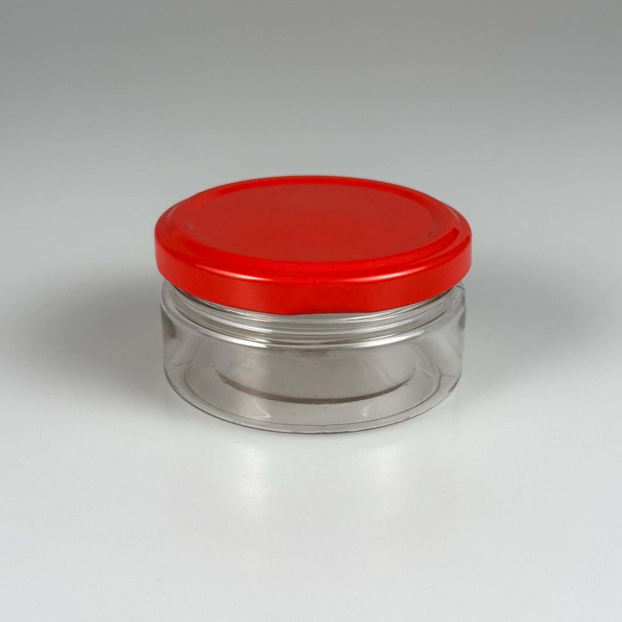 50 CC PET KAVANOZ  + DÜĞMELİ KIRMIZI METAL KAPAKLI TAKIM - 50 ML PLASTİK KAVANOZ