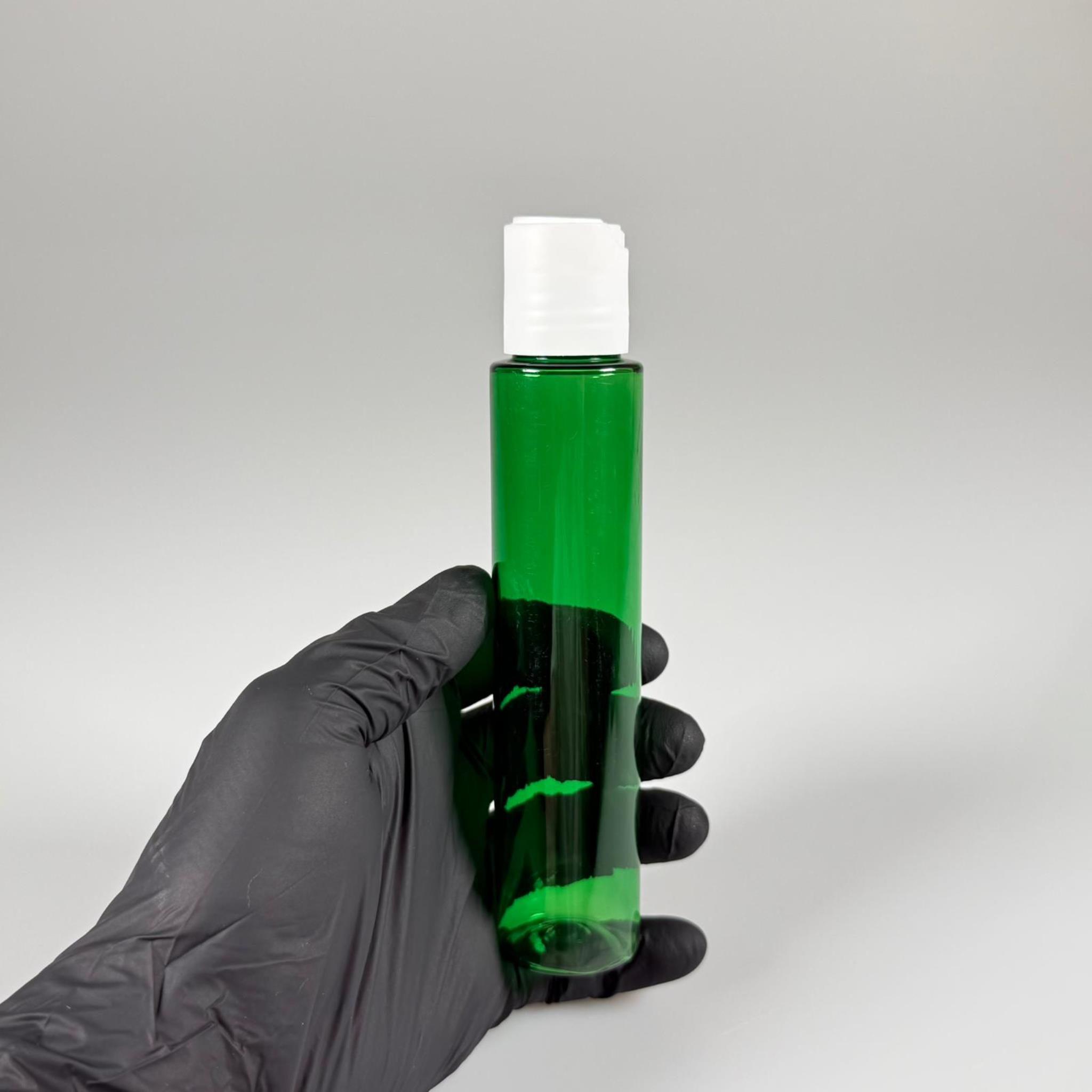 100 CC UZUN SİLİNDİR YEŞİL PET ŞİŞE (24 GR)  - BEYAZ DİSKTOP AKITICI ŞAMPUAN KAPAKLI - 100 ML BİBERİYE SUYU, LAVANTA YAĞI, SAÇ SERUM, TONİK VB İÇİN PLASTİK KOZMETİK AMBALAJLARI