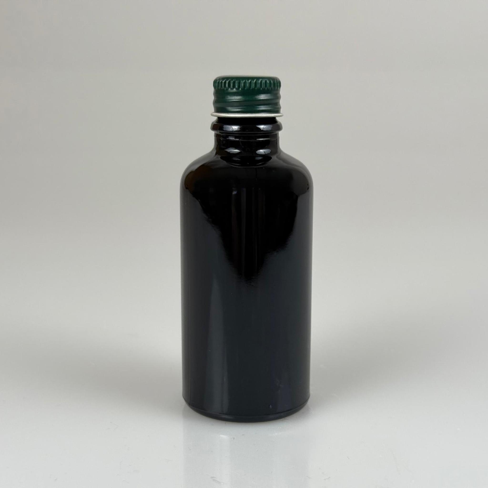 50 CC SİYAH CAM ŞİŞE - YEŞİL VİDALI METAL KAPAKLI - 50 ML SİYAH STANDART CAM ŞİŞE