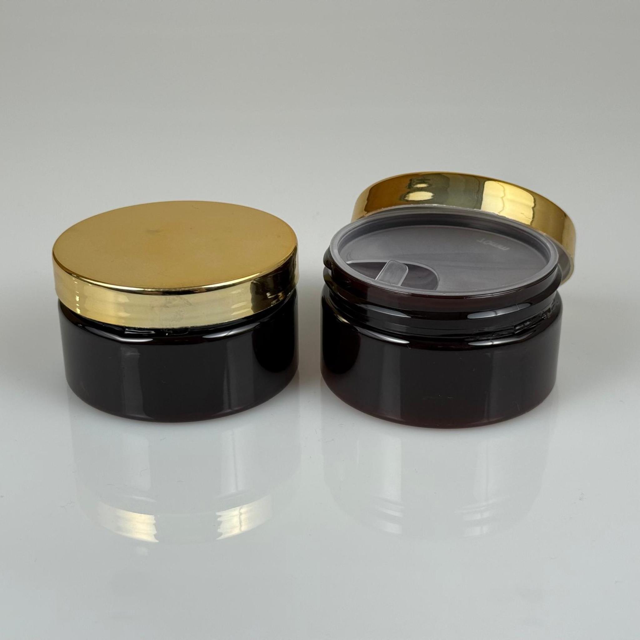 100 ML SERT PET KAVANOZ + GOLD KAPLAMALI PLASTİK KAPAK + İÇ TIPA - 100 CC KALIN AMBER PLASTİK KAVANOZ GOLD KAPLAMALI PLASTİK KAPAKLI İÇ TIPALI TAKIM - KREM KAVANOZLARI