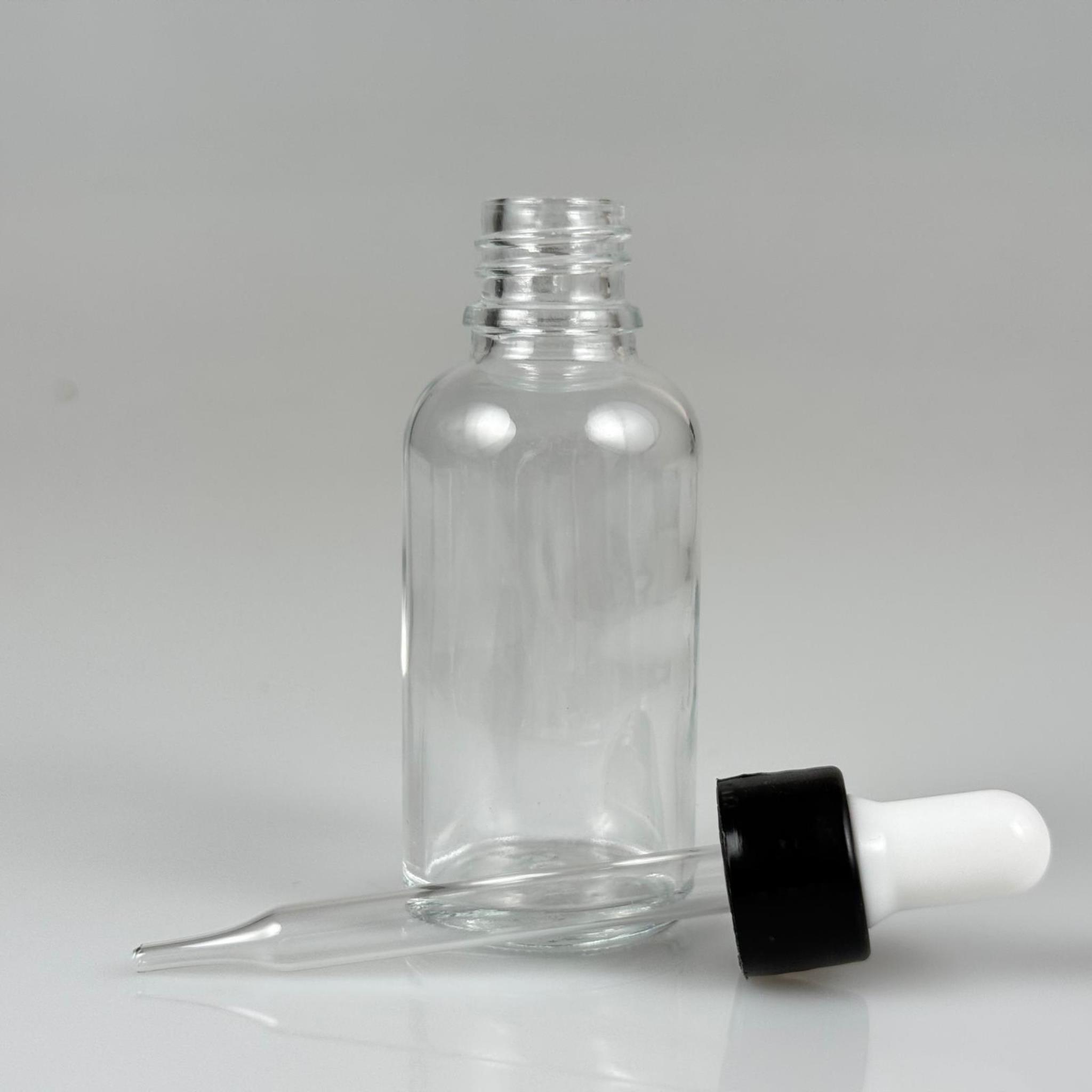 30 CC ŞEFFAF İNCE UÇLU CAM DAMLALIKLI ŞİŞE - BEYAZ EMZİK + SİYAH DÜZ KAPAK + CAM PİPET TAKIM - 30 ML ŞEFFAF DAMLALIKLI ŞİŞE SETİ