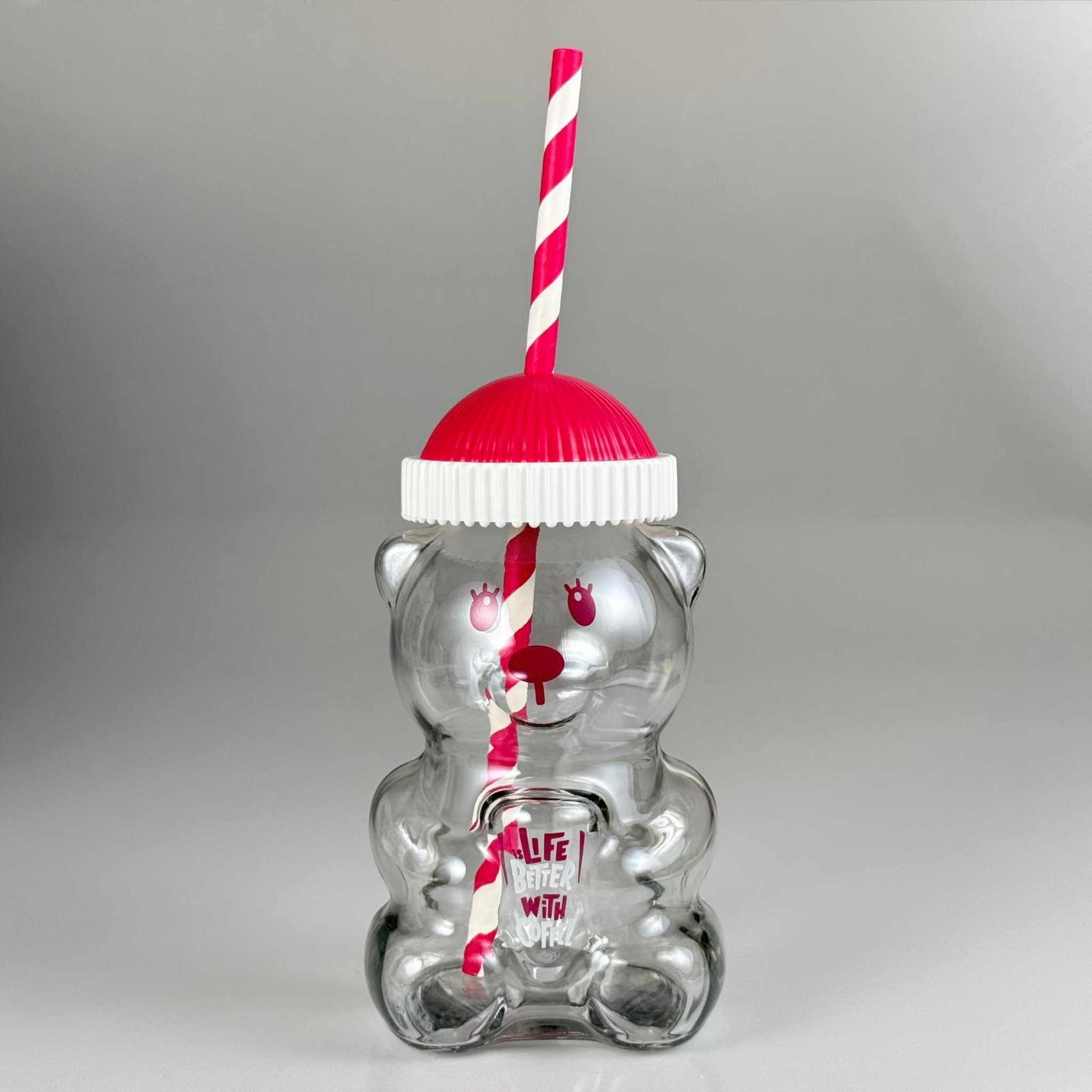 500 CC PİPETLİ CAM AYICIK BARDAK - PEMBE KAPAKLI + FIRÇALI PASLANMAZ ÇELİK GÜMÜŞ PİPETLİ TAKIM - 500 ML AYICIK FİGÜRLÜ PİPETLİ CAM SU , SOĞUK KAHVE ,  MEYVE SUYU ,  MEŞRUBAT BARDAĞI VB - HEDİYELİK BARDAK