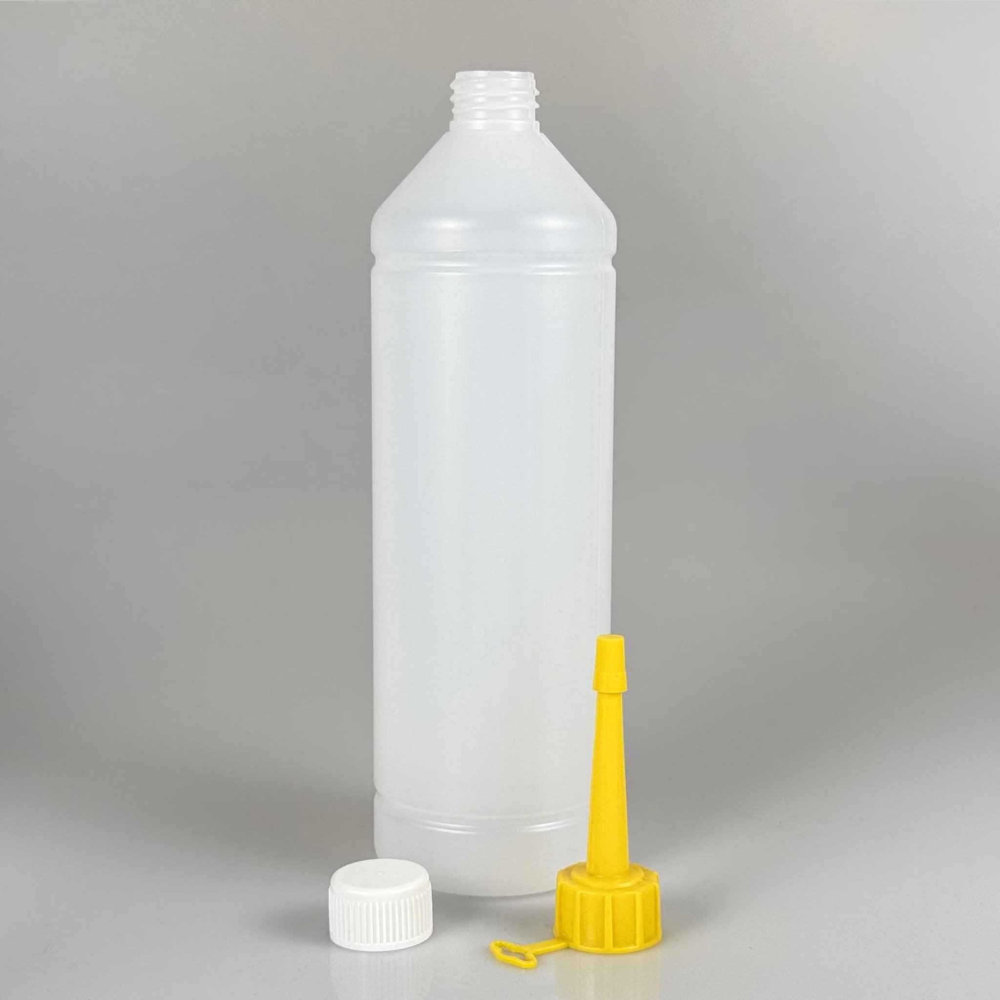 1000 CC UZUN TİNER ŞİŞESİ - KÖPÜK CONTALI BEYAZ KAPAKLI + AKITICILI SİVRİ SARI KARTUŞ KAPAKLI - 1000 ML KİMYASALA DAYANIKLI PLASTİK ŞİŞE - 1 LT POLİETİLEN ŞİŞE UZUN