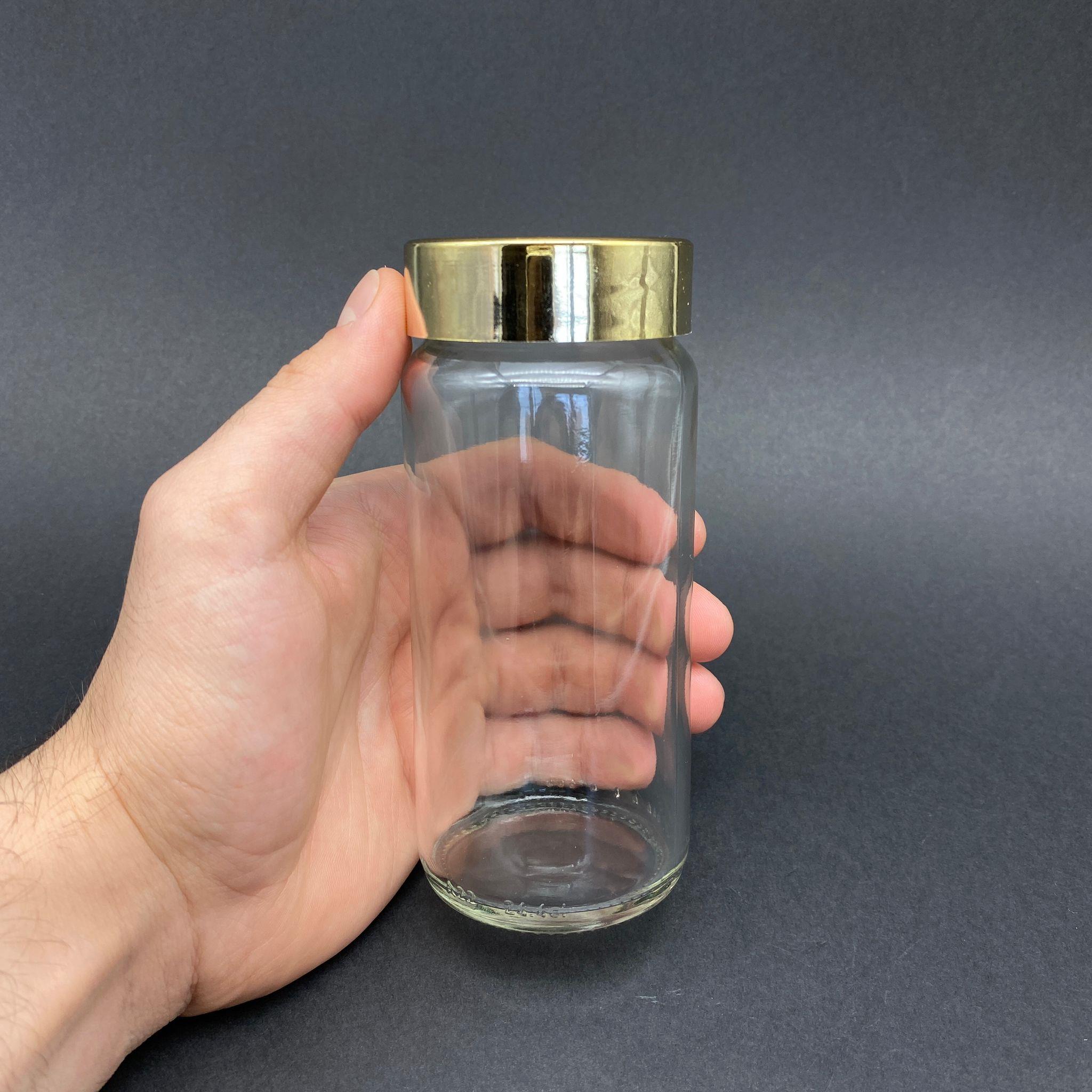 244 CC UZUN KAVANOZ - PLASTİK GOLD KAPLAMALI KAPAKLI - 244 ML CAM KAVANOZ