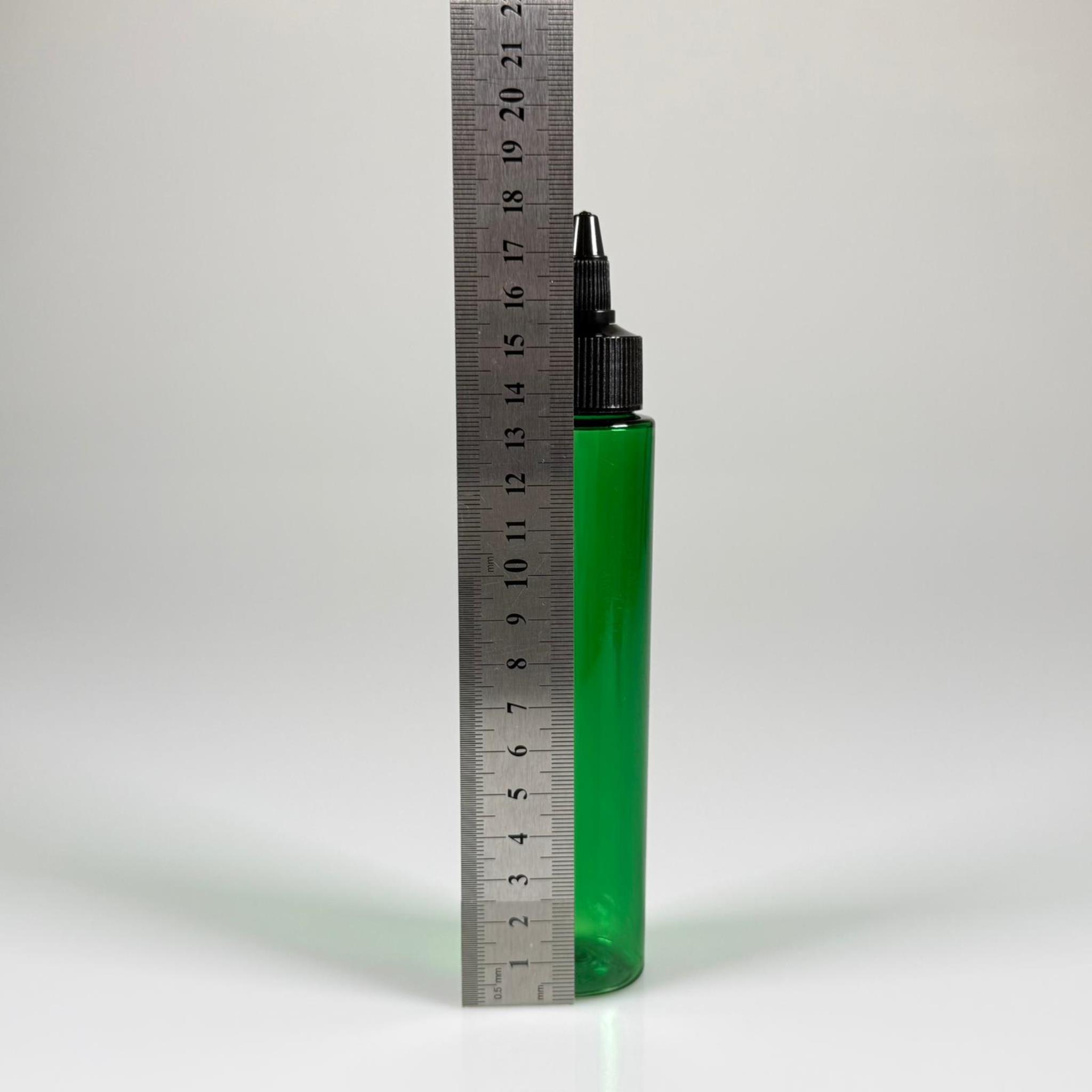 100 CC UZUN SİLİNDİR YEŞİL PET ŞİŞE (24 GR)  - SİYAH TWİST SİVRİ ASANSÖR AKITICI KAPAKLI - 100 ML BİBERİYE SUYU, LAVANTA YAĞI, SAÇ SERUM, TONİK VB İÇİN PLASTİK KOZMETİK AMBALAJLARI