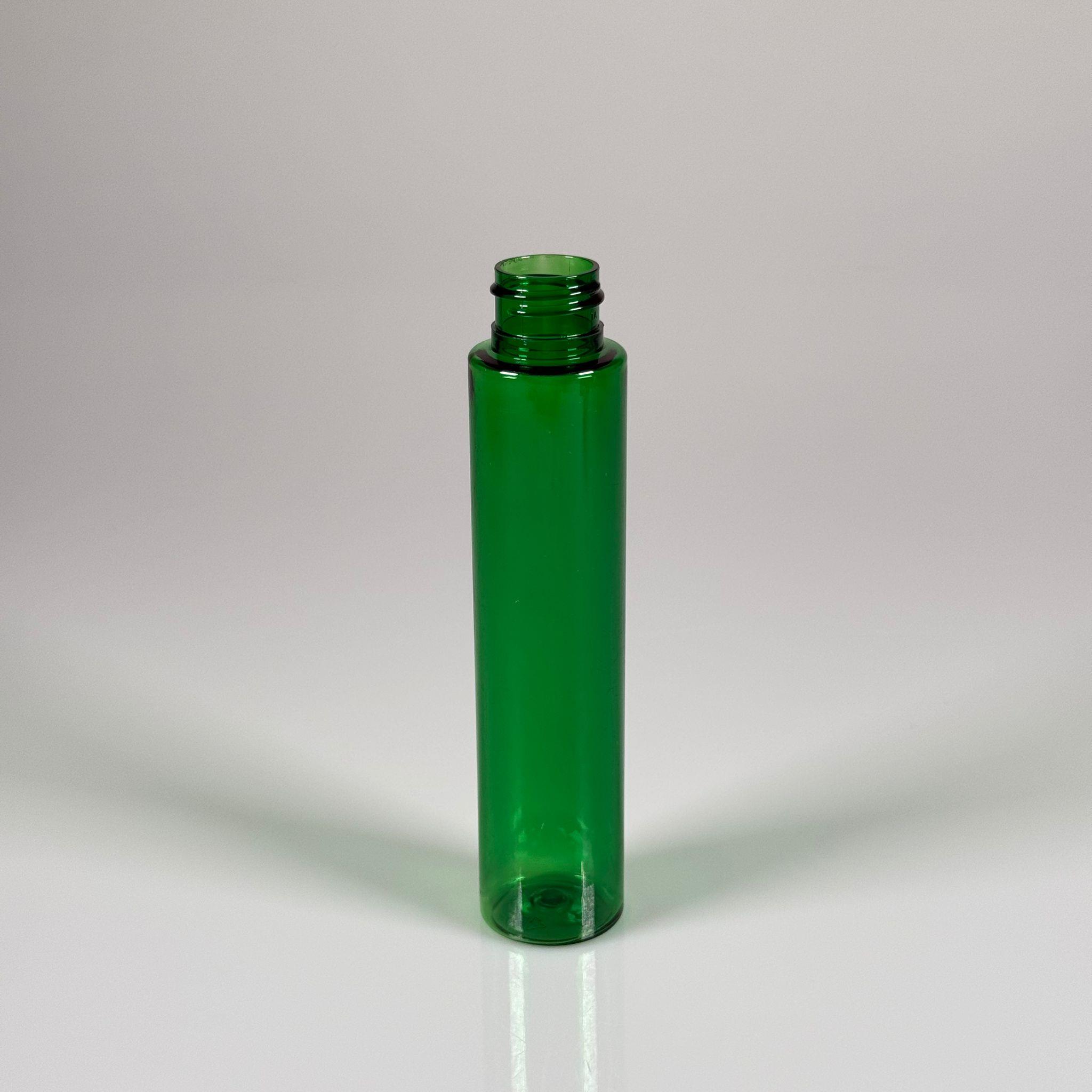 100 CC UZUN SİLİNDİR YEŞİL PET ŞİŞE (24 GR) - 24 MM AĞIZ KAPAKSIZ - 100 ML BİBERİYE SUYU, LAVANTA YAĞI, SAÇ SERUM, TONİK VB İÇİN PLASTİK KOZMETİK AMBALAJLARI