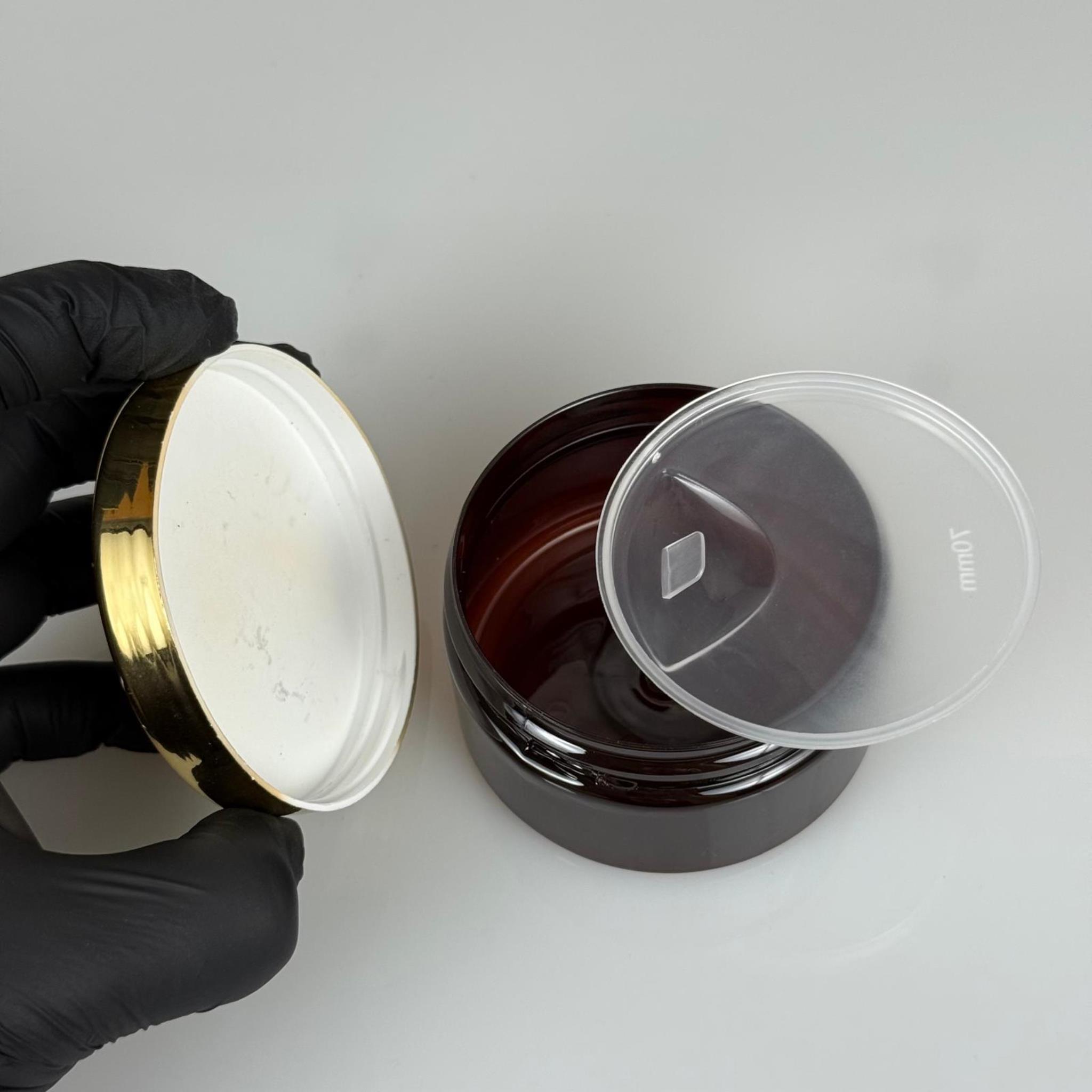 100 ML SERT PET KAVANOZ + GOLD KAPLAMALI PLASTİK KAPAK + İÇ TIPA - 100 CC KALIN AMBER PLASTİK KAVANOZ GOLD KAPLAMALI PLASTİK KAPAKLI İÇ TIPALI TAKIM - KREM KAVANOZLARI