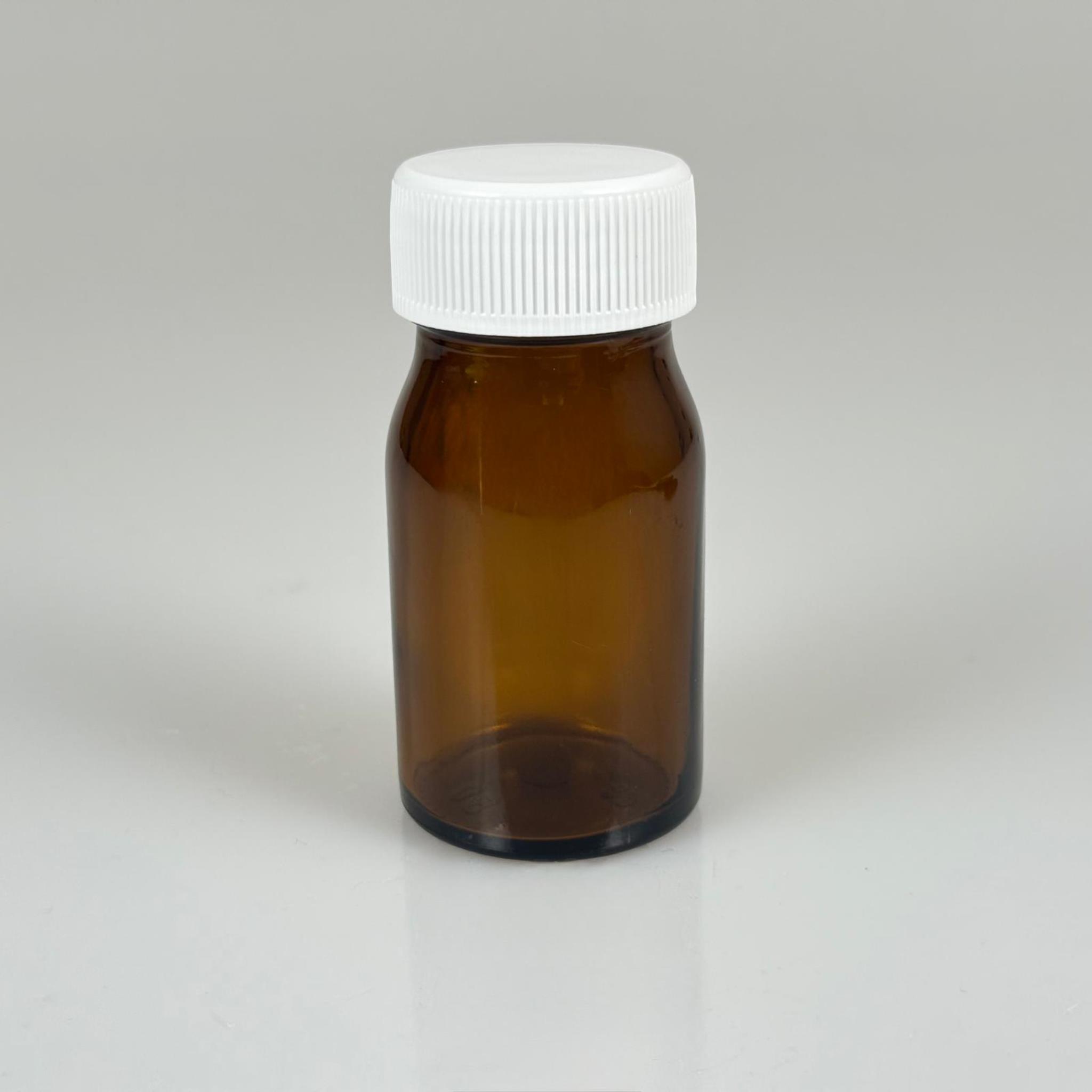 50 CC CAM AMBER TABLET ŞİŞESİ - BEYAZ CONTALI KAPAKLI - 50 ML CAM TABLET ŞİŞESİ