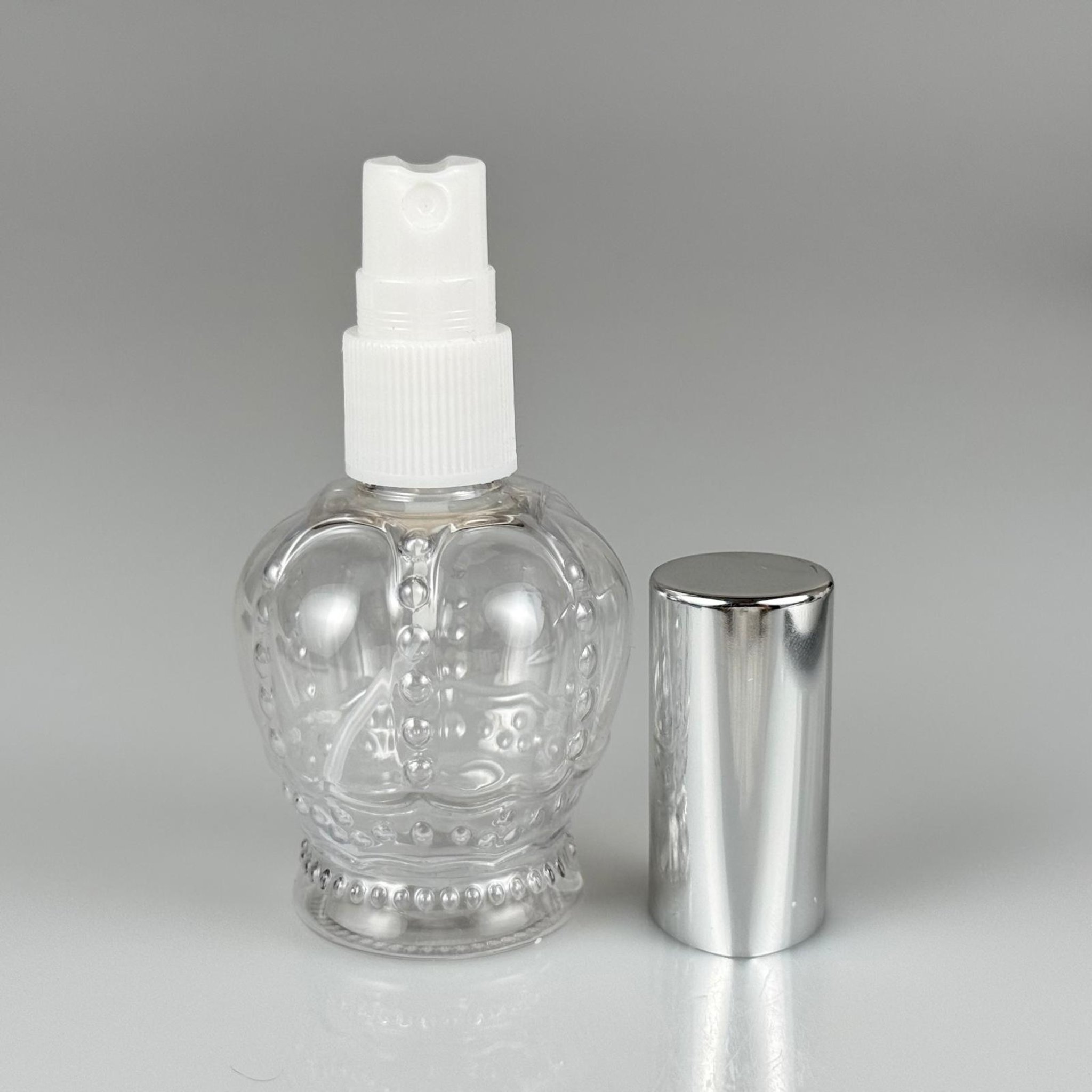 60 CC KRAL TACI MODEL GÜMÜŞ SPREY KAPAKLI PET ŞİŞE - 60 ML PLASTİK ŞİŞE + GOLD KAPAKLI BEYAZ SPREY