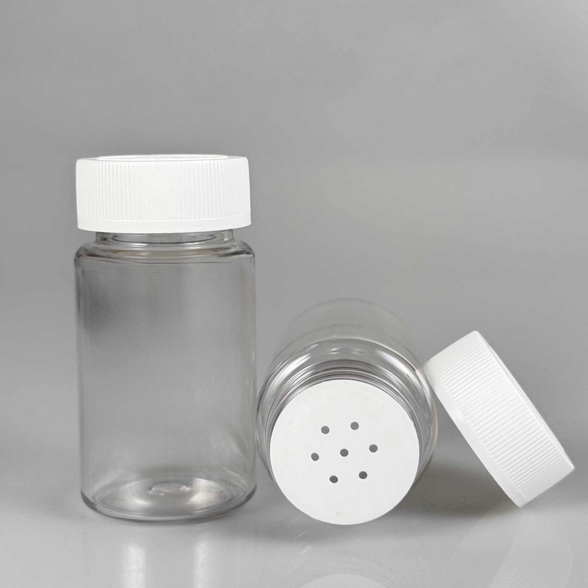 100 CC ŞEFFAF PET PUDRA ŞİŞESİ + ÇOCUK KİLİTLİ BEYAZ PLASTİK KAPKLI + PUDRA TIPALI TAKIM - 100 ML PUDRA KUTUSU, EKO TUZLUK