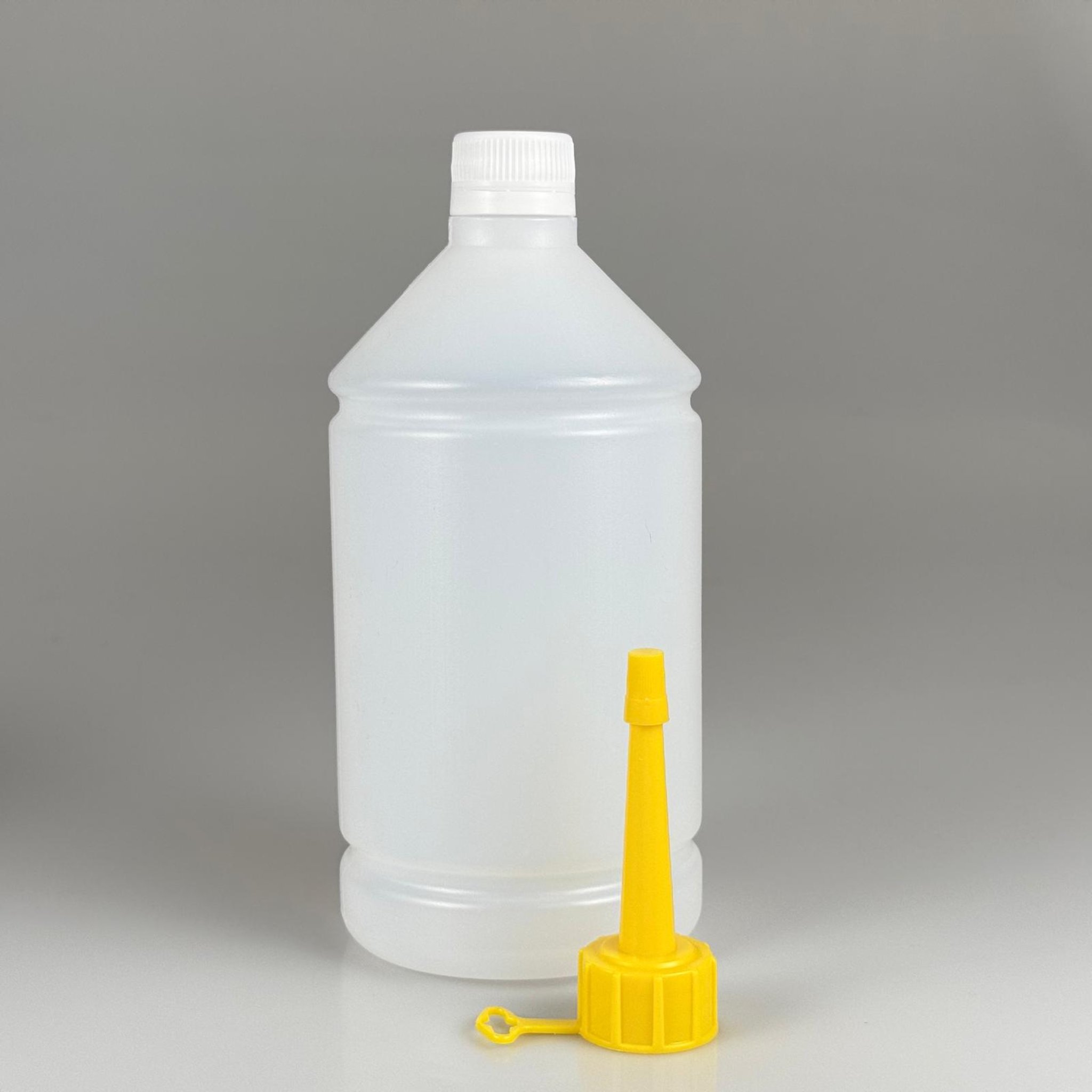 1 LİTRE TİNER ŞİŞESİ - KİLİTLİ CONTALI  BEYAZ KAPAKLI + AKITICILI SİVRİ SARI KARTUŞ KAPAKLI - 1000 ML KİMYASALA DAYANIKLI PLASTİK ŞİŞE - 1 LT POLİETİLEN ŞİŞE TOMBUL