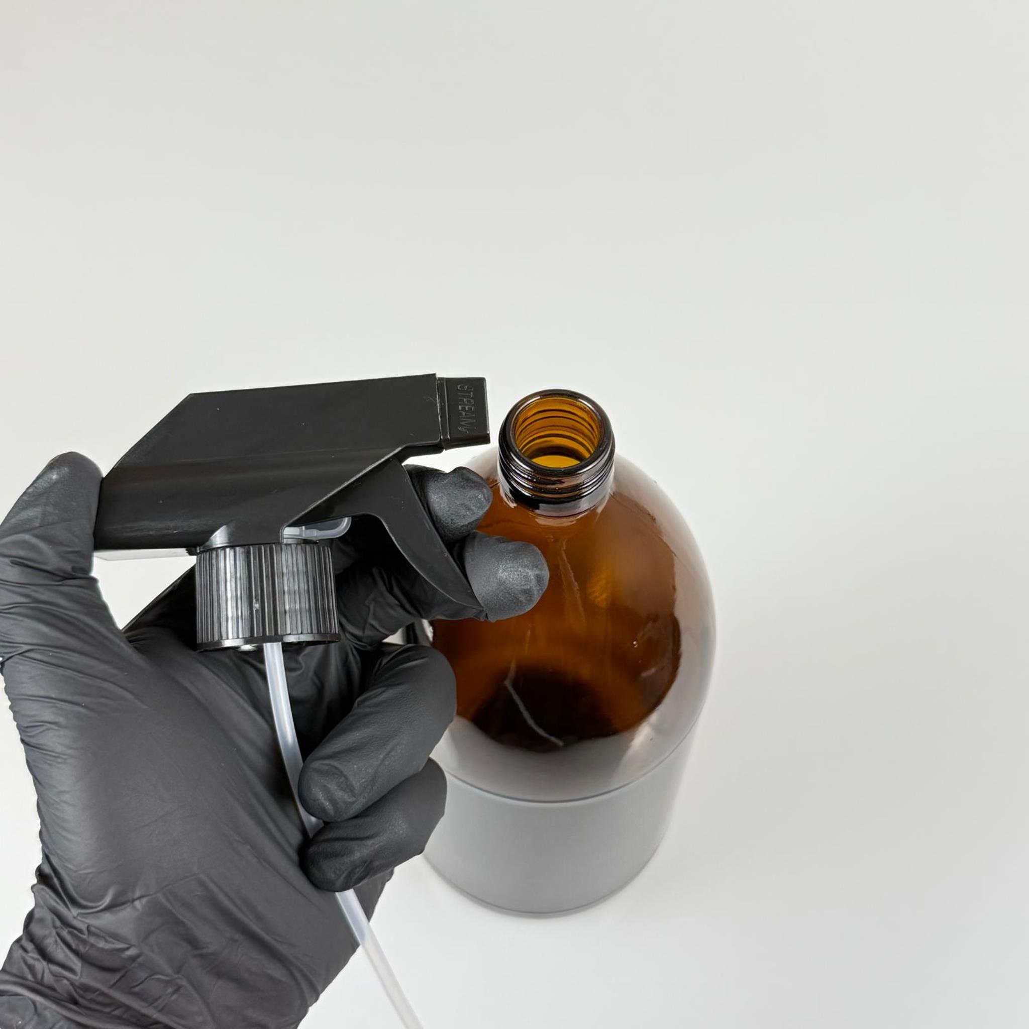 1000 CC AMBER TOMBUL ÖZEL SERİ CAM ŞİŞE - SİYAH TETİK TRİGER SPREYLİ - 1000 ML CAM ECZA ŞİŞESİ - KAHVERENGİ