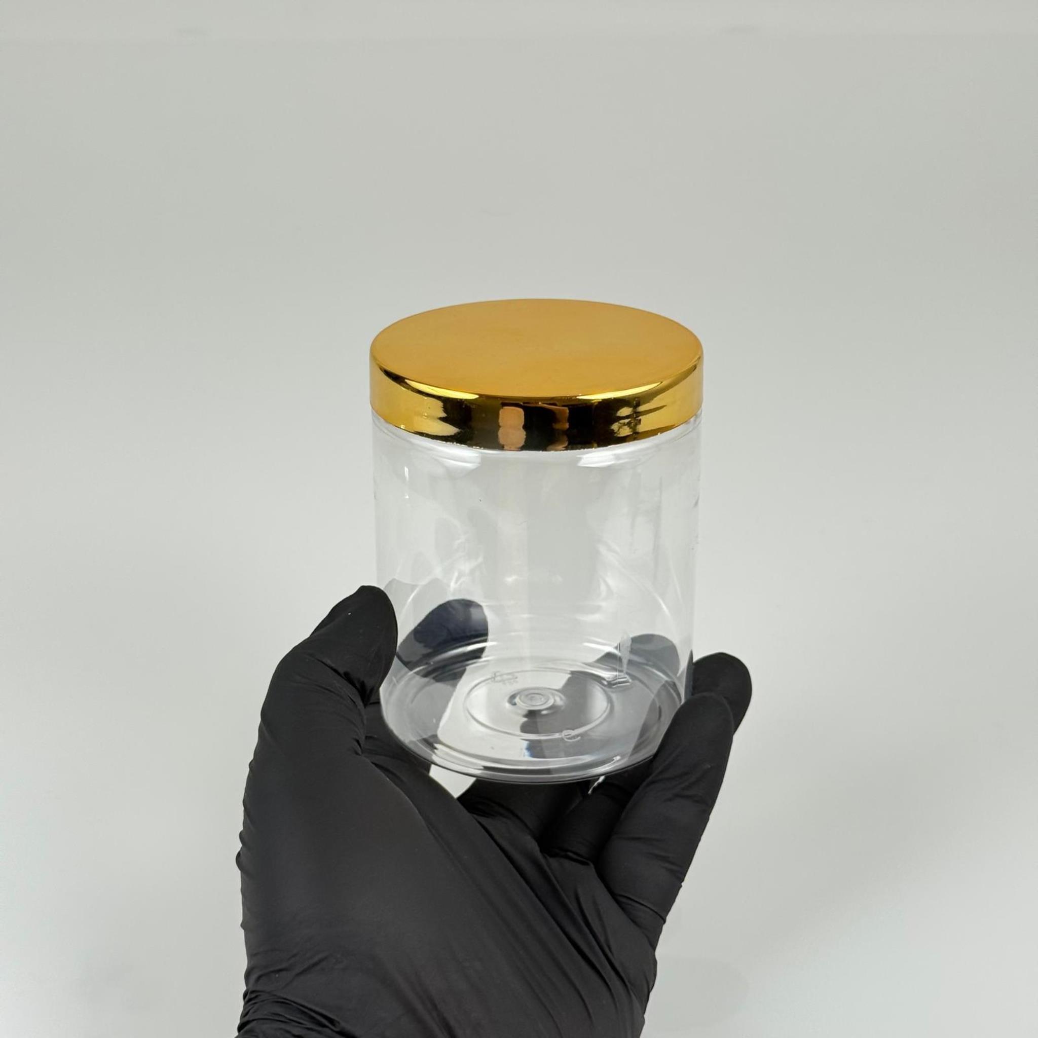 300 CC ŞEFFAF SERT PLASTİK KAVANOZ - GOLD KAPLAMALI PLASTİK KAPAKLI - 300 ML PLASTİK KREM KAVANOZU