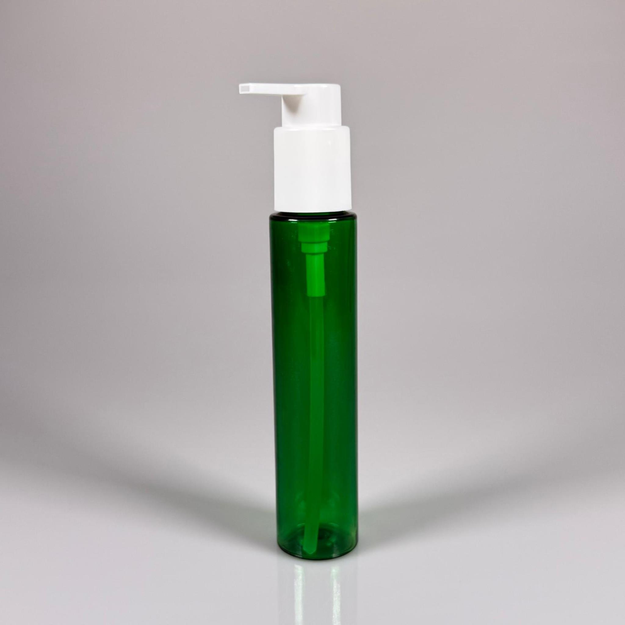 100 CC UZUN SİLİNDİR YEŞİL PET ŞİŞE (24 GR)  - BEYAZ XAVİER POMPALI - 100 ML BİBERİYE SUYU, LAVANTA YAĞI, SAÇ SERUM, TONİK VB İÇİN PLASTİK KOZMETİK AMBALAJLARI