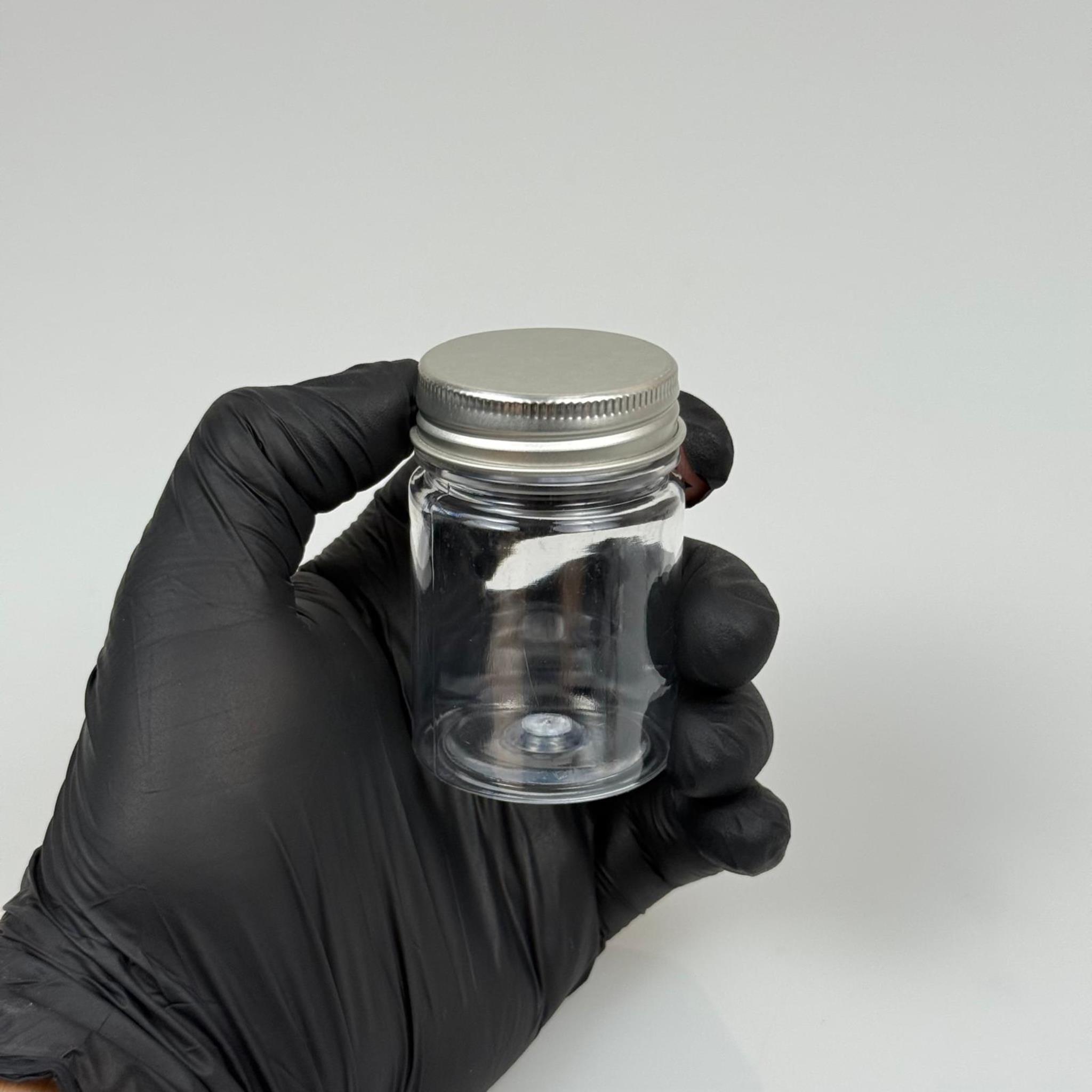 50 CC PET ŞİŞE GENİŞ AĞIZLI  - GÜMÜŞ METAL KAPAKLI - 50 ML PLASTİK NUMUNE KAVANOZU, MİNİ TABLET KAVANOZU